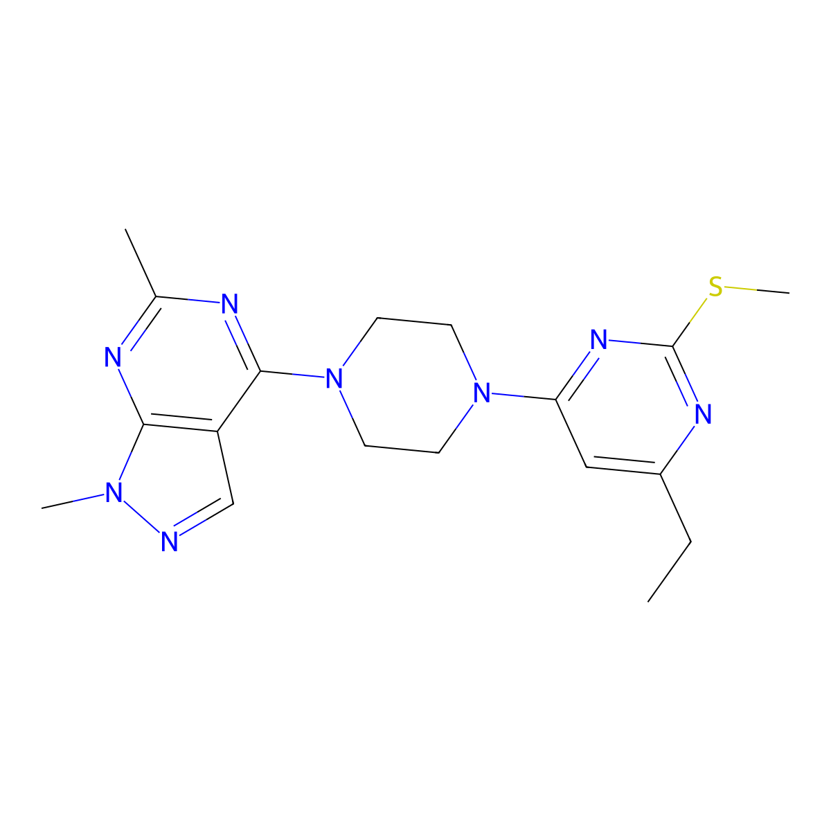 4-(4-{1,6-dimethyl-1H-pyrazolo[3,4-d]pyrimidin-4-yl}piperazin-1-yl)-6-ethyl-2-(methylsulfanyl)pyrimidine molecular structure, CAS 2549028-52-4