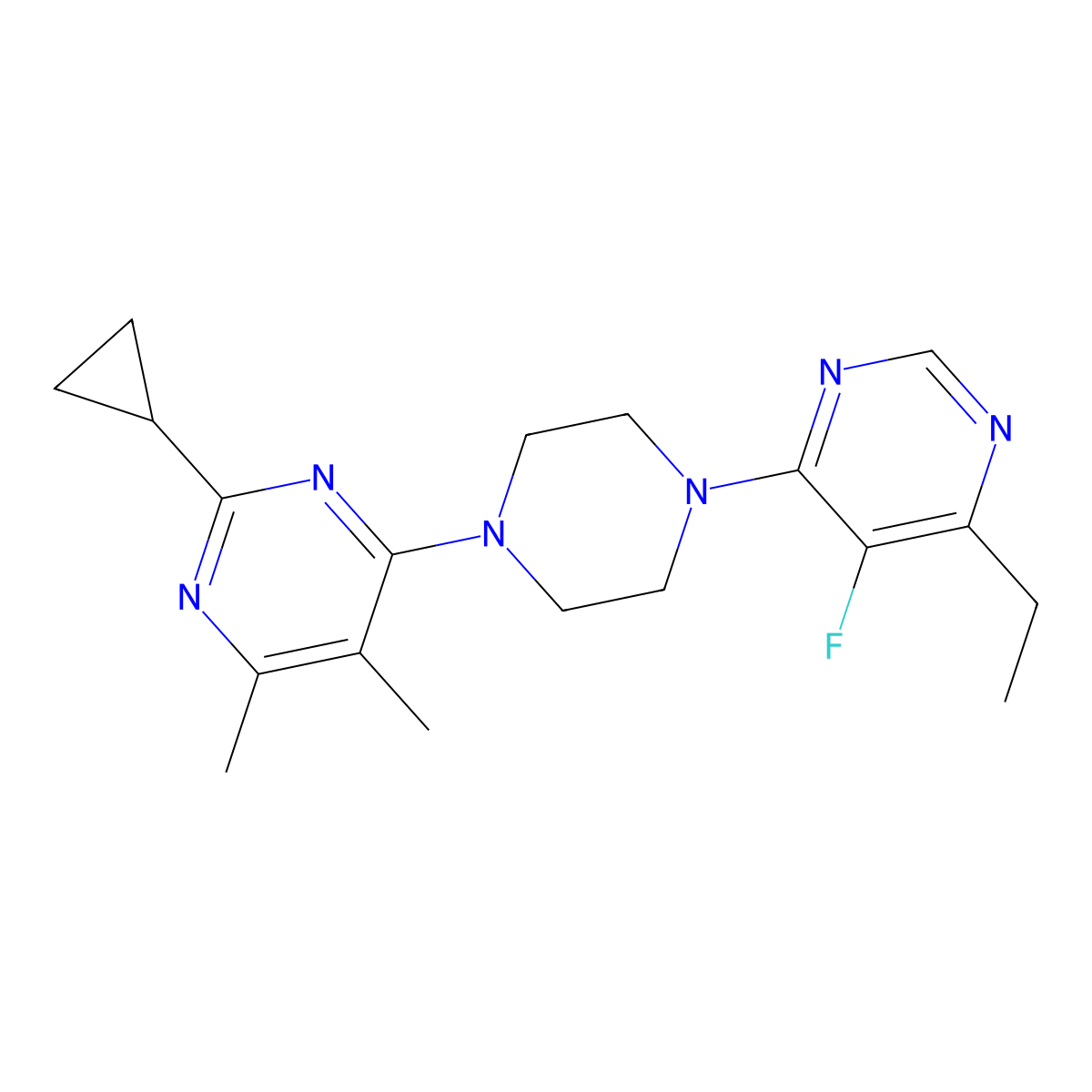 2-Cyclopropyl-4-[4-(6-ethyl-5-fluoropyrimidin-4-yl)piperazin-1-yl]-5,6-dimethylpyrimidine molecular structure, CAS 2549028-53-5
