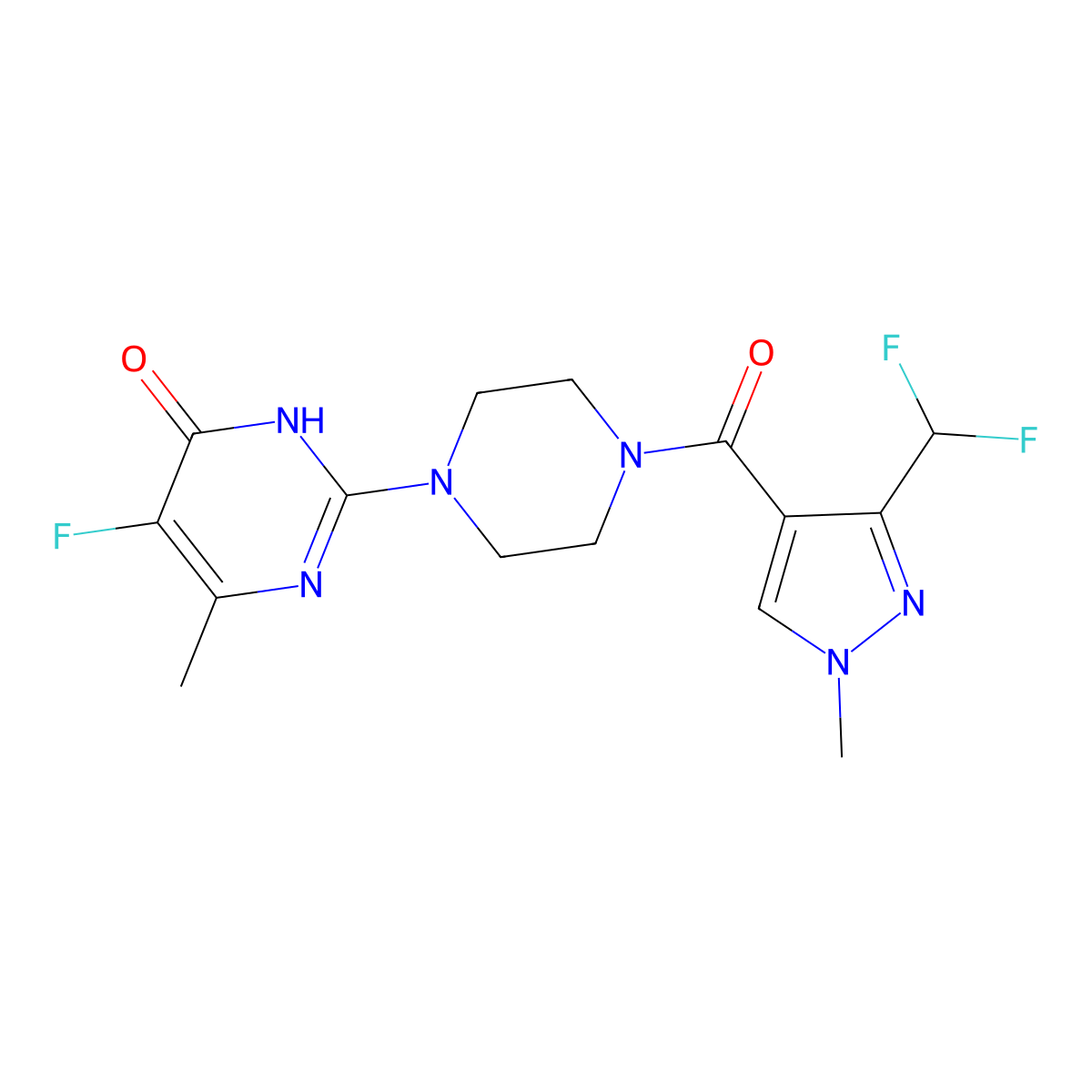 2-{4-[3-(difluoromethyl)-1-methyl-1H-pyrazole-4-carbonyl]piperazin-1-yl}-5-fluoro-6-methyl-3,4-dihydropyrimidin-4-one molecular structure, CAS 2549028-60-4