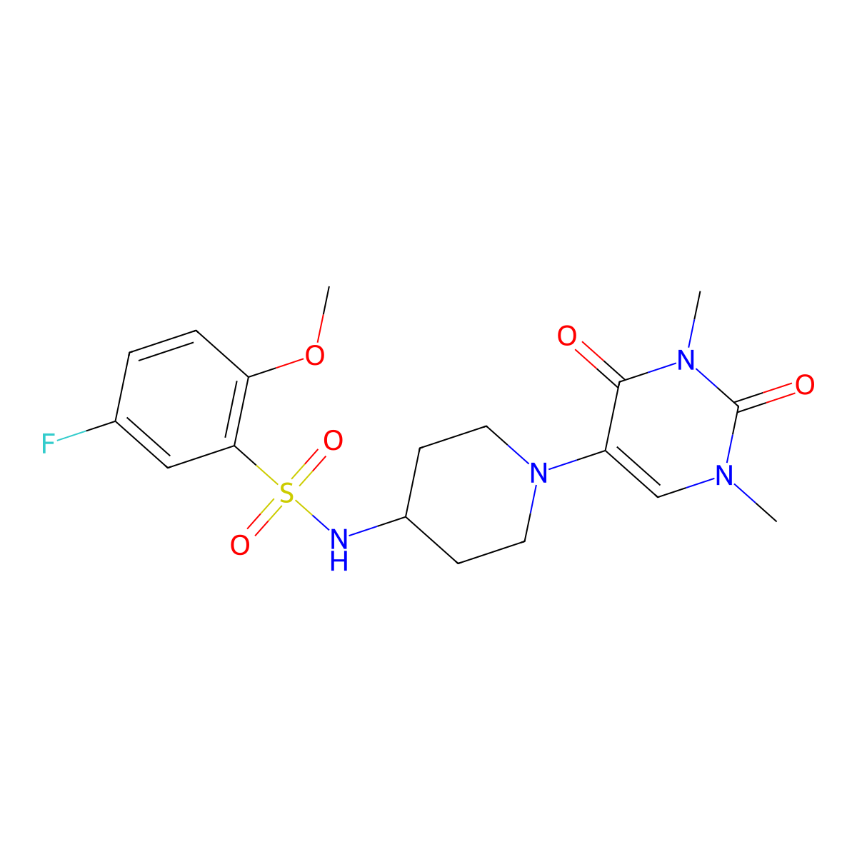 N-[1-(1,3-dimethyl-2,4-dioxo-1,2,3,4-tetrahydropyrimidin-5-yl)piperidin-4-yl]-5-fluoro-2-methoxybenzene-1-sulfonamide molecular structure, CAS 2549028-66-0