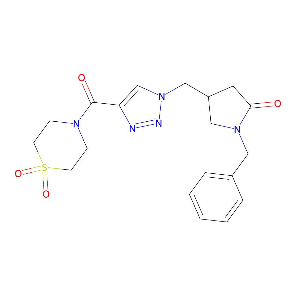 4-{1-[(1-benzyl-5-oxopyrrolidin-3-yl)methyl]-1H-1,2,3-triazole-4-carbonyl}-1lambda6-thiomorpholine-1,1-dione molecular structure, CAS 2549028-72-8