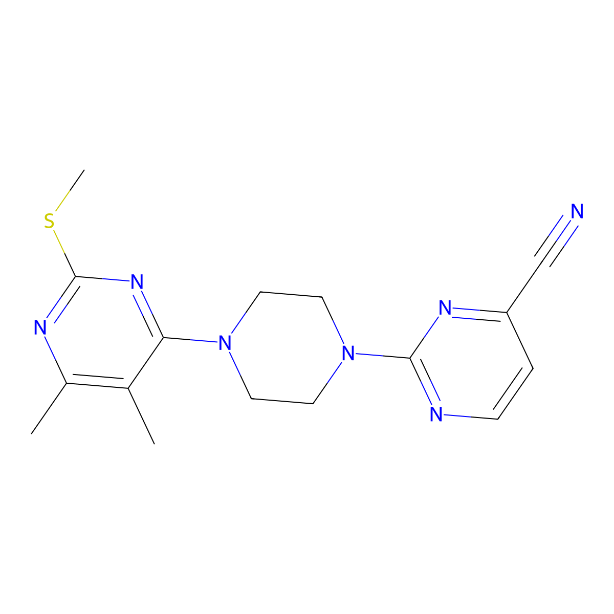 2-{4-[5,6-Dimethyl-2-(methylsulfanyl)pyrimidin-4-yl]piperazin-1-yl}pyrimidine-4-carbonitrile molecular structure, CAS 2549028-80-8