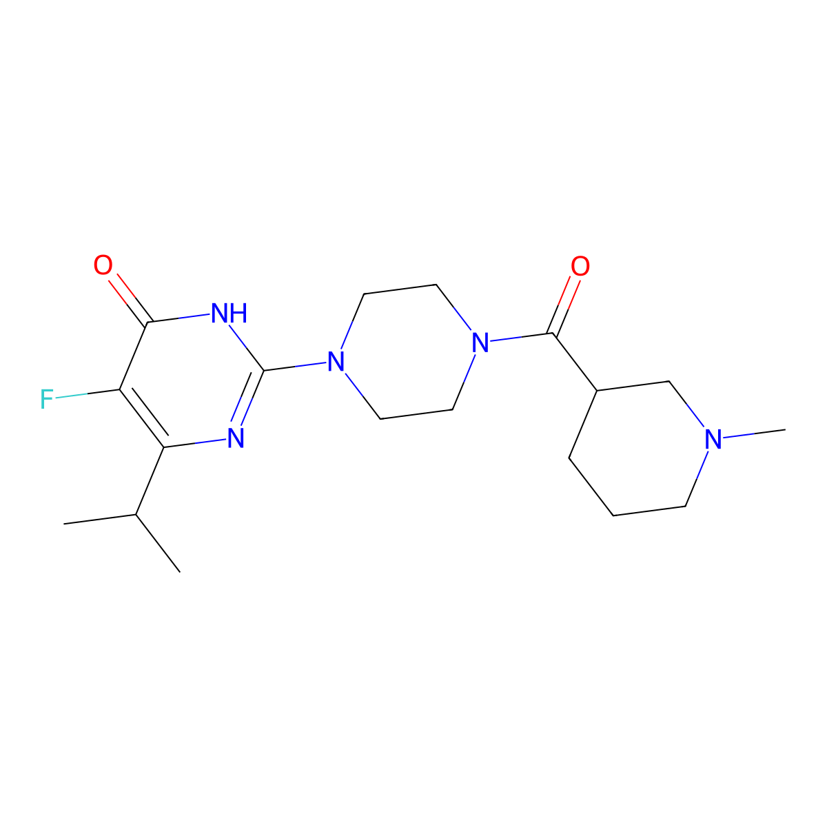 5-Fluoro-2-[4-(1-methylpiperidine-3-carbonyl)piperazin-1-yl]-6-(propan-2-yl)-3,4-dihydropyrimidin-4-one molecular structure, CAS 2549028-82-0