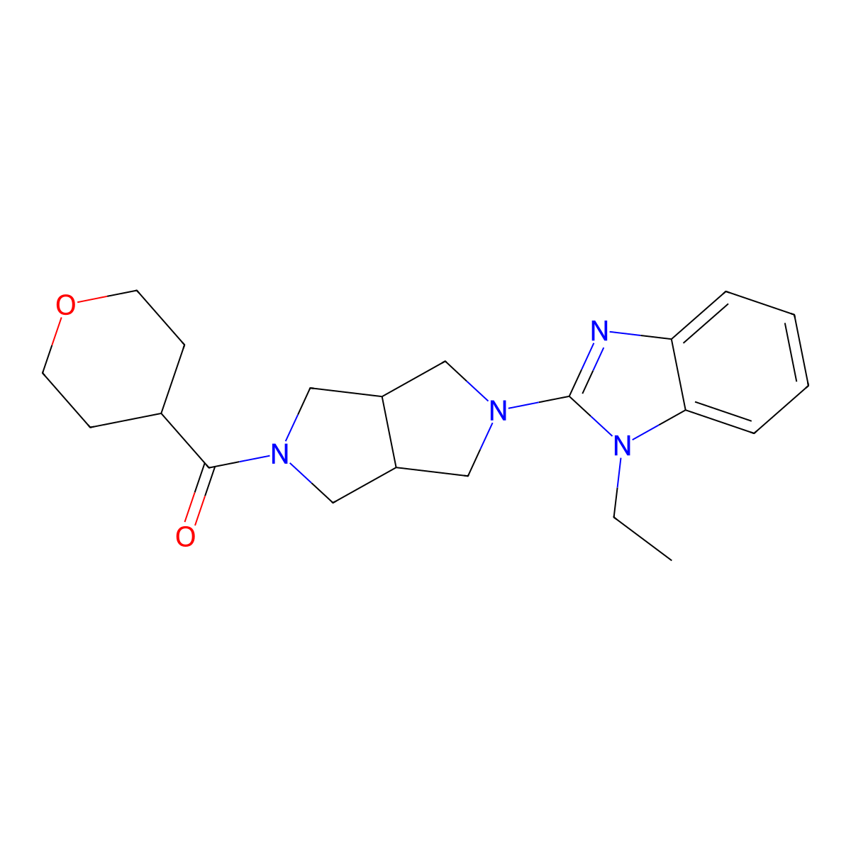 1-ethyl-2-[5-(oxane-4-carbonyl)-octahydropyrrolo[3,4-c]pyrrol-2-yl]-1H-1,3-benzodiazole molecular structure, CAS 2549028-89-7