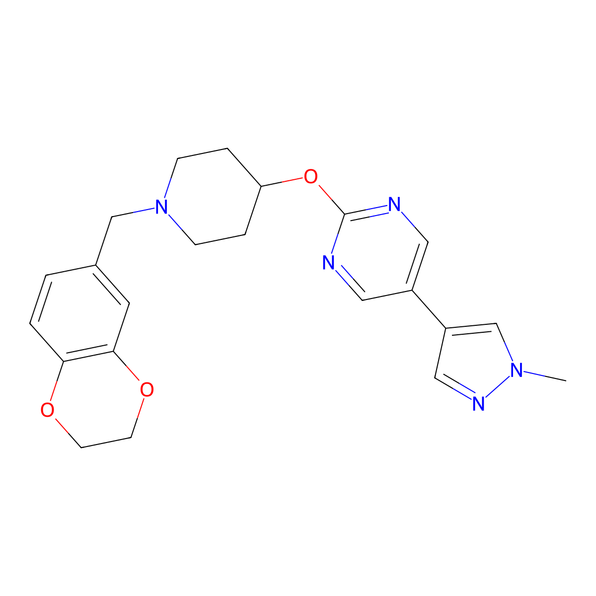 2-({1-[(2,3-dihydro-1,4-benzodioxin-6-yl)methyl]piperidin-4-yl}oxy)-5-(1-methyl-1H-pyrazol-4-yl)pyrimidine molecular structure, CAS 2549028-98-8