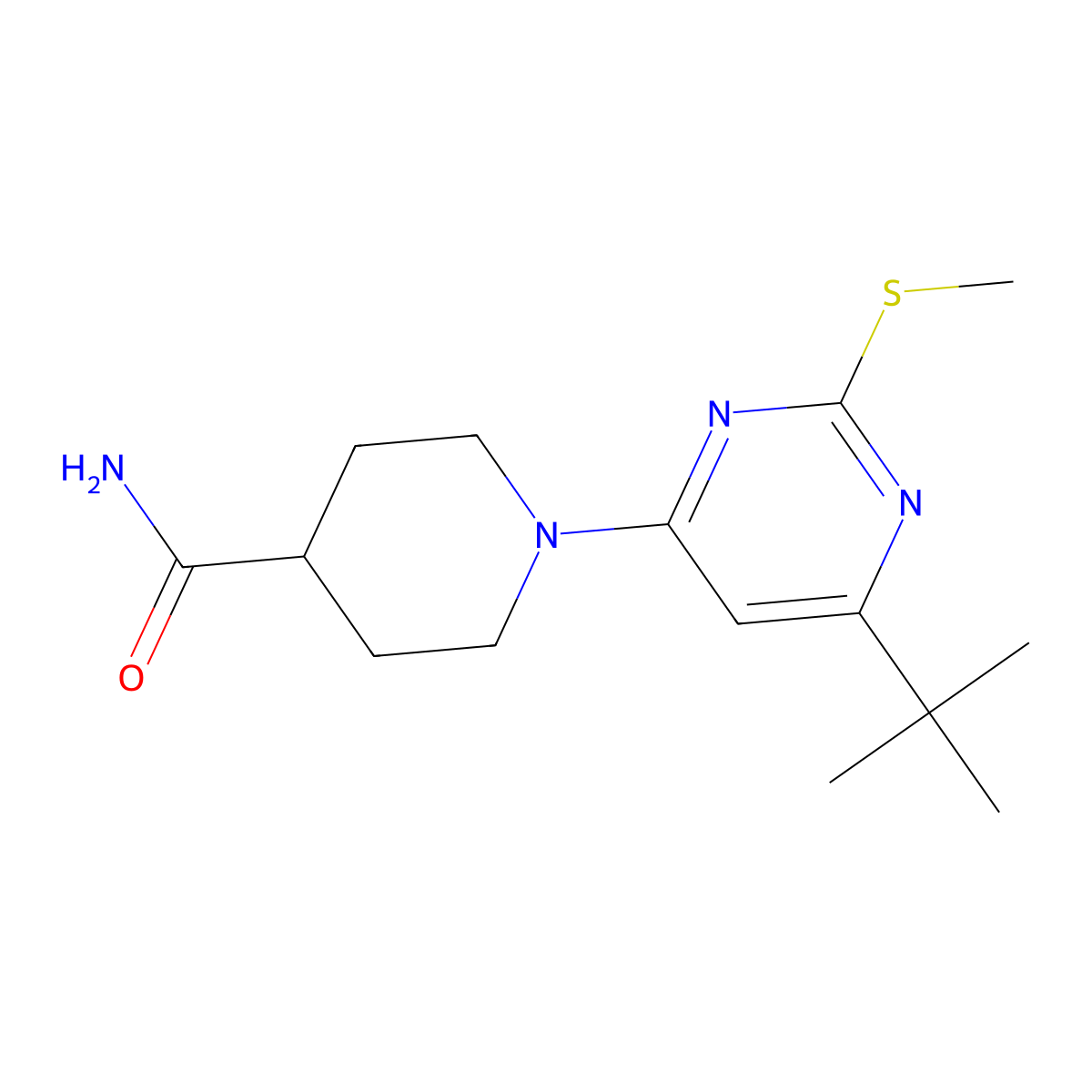 1-[6-Tert-butyl-2-(methylsulfanyl)pyrimidin-4-yl]piperidine-4-carboxamide molecular structure, CAS 2549029-02-7