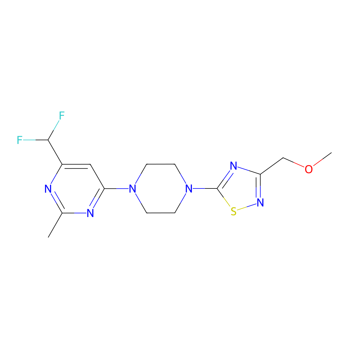 4-(Difluoromethyl)-6-{4-[3-(methoxymethyl)-1,2,4-thiadiazol-5-yl]piperazin-1-yl}-2-methylpyrimidine molecular structure, CAS 2549029-05-0