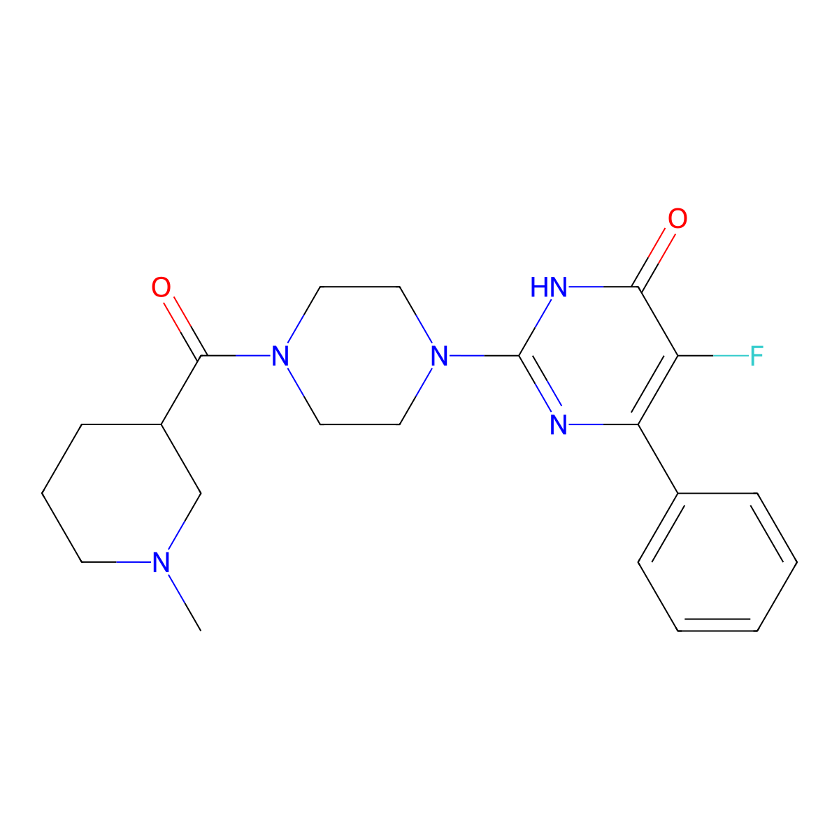 5-Fluoro-2-[4-(1-methylpiperidine-3-carbonyl)piperazin-1-yl]-6-phenyl-3,4-dihydropyrimidin-4-one molecular structure, CAS 2549029-17-4
