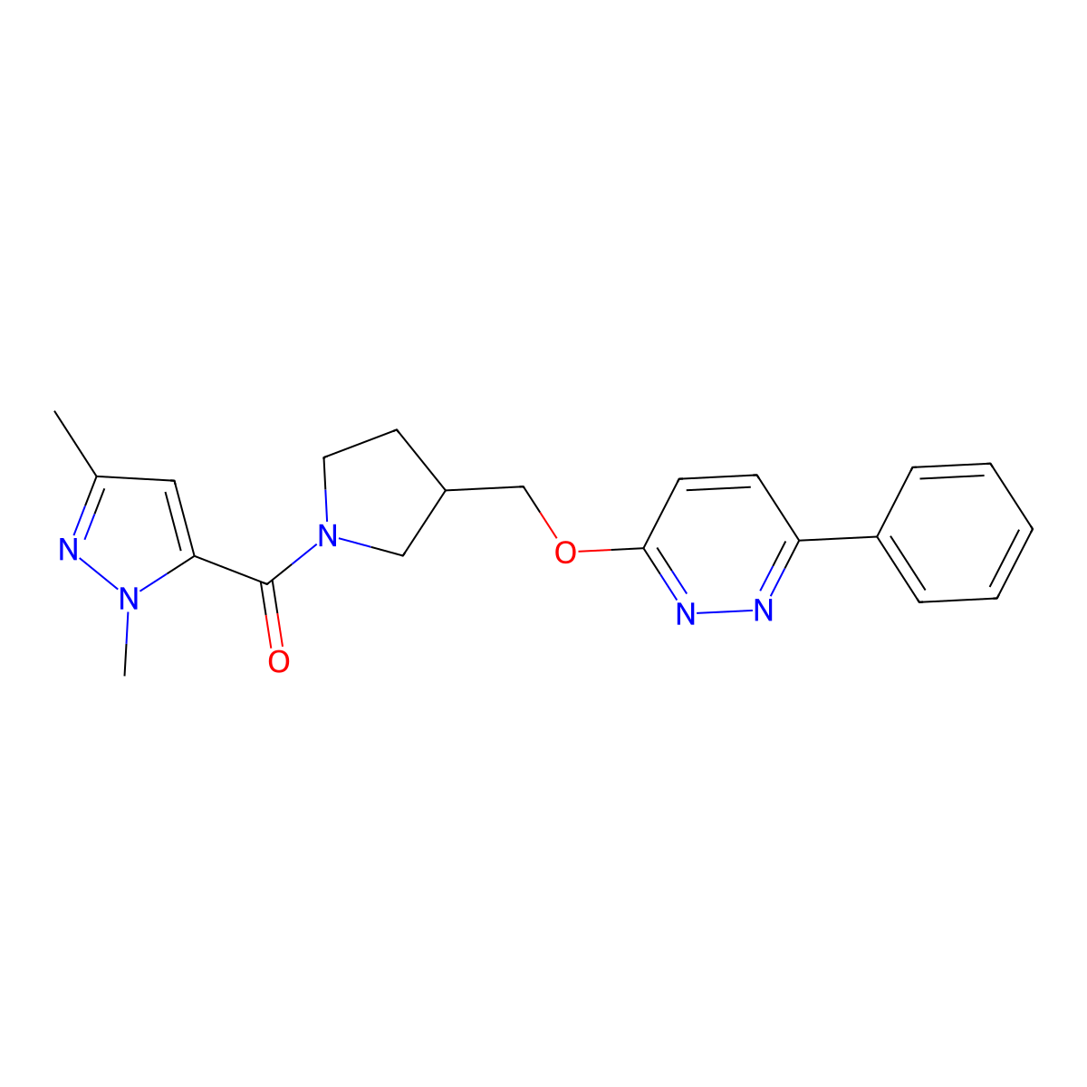 3-{[1-(1,3-dimethyl-1H-pyrazole-5-carbonyl)pyrrolidin-3-yl]methoxy}-6-phenylpyridazine molecular structure, CAS 2549029-26-5