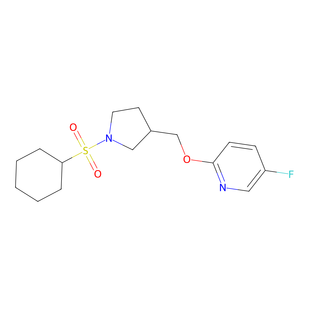 2-{[1-(Cyclohexanesulfonyl)pyrrolidin-3-yl]methoxy}-5-fluoropyridine molecular structure, CAS 2549029-27-6