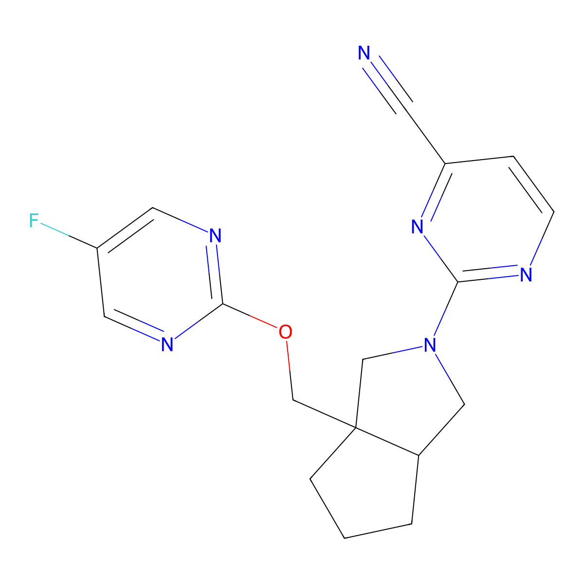 2-(3a-{[(5-Fluoropyrimidin-2-yl)oxy]methyl}-octahydrocyclopenta[c]pyrrol-2-yl)pyrimidine-4-carbonitrile molecular structure, CAS 2549029-36-7