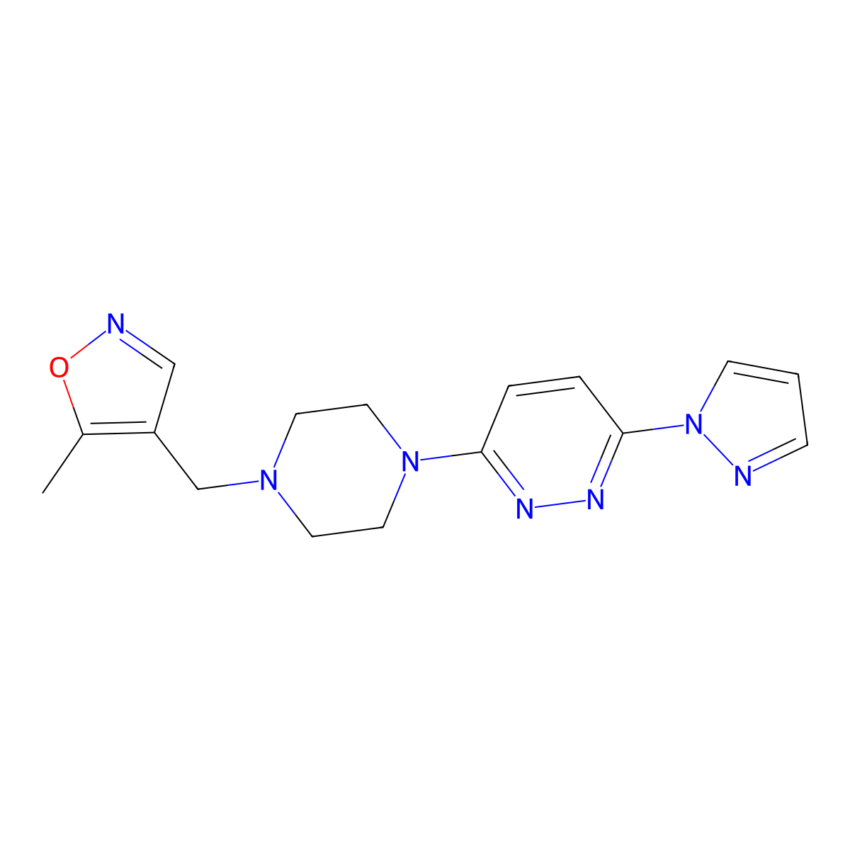 3-{4-[(5-methyl-1,2-oxazol-4-yl)methyl]piperazin-1-yl}-6-(1H-pyrazol-1-yl)pyridazine molecular structure, CAS 2549029-38-9