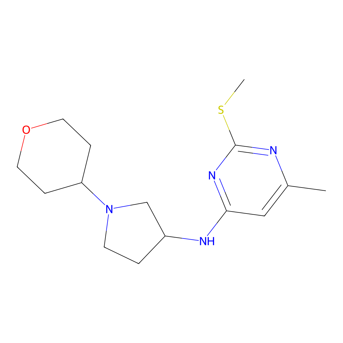 6-methyl-2-(methylsulfanyl)-N-[1-(oxan-4-yl)pyrrolidin-3-yl]pyrimidin-4-amine molecular structure, CAS 2549029-39-0