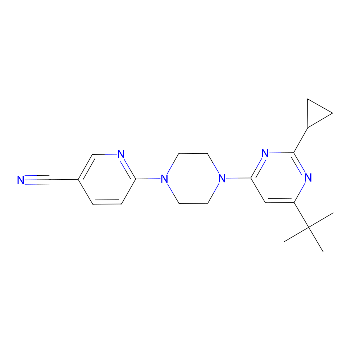 6-[4-(6-Tert-butyl-2-cyclopropylpyrimidin-4-yl)piperazin-1-yl]pyridine-3-carbonitrile molecular structure, CAS 2549029-40-3