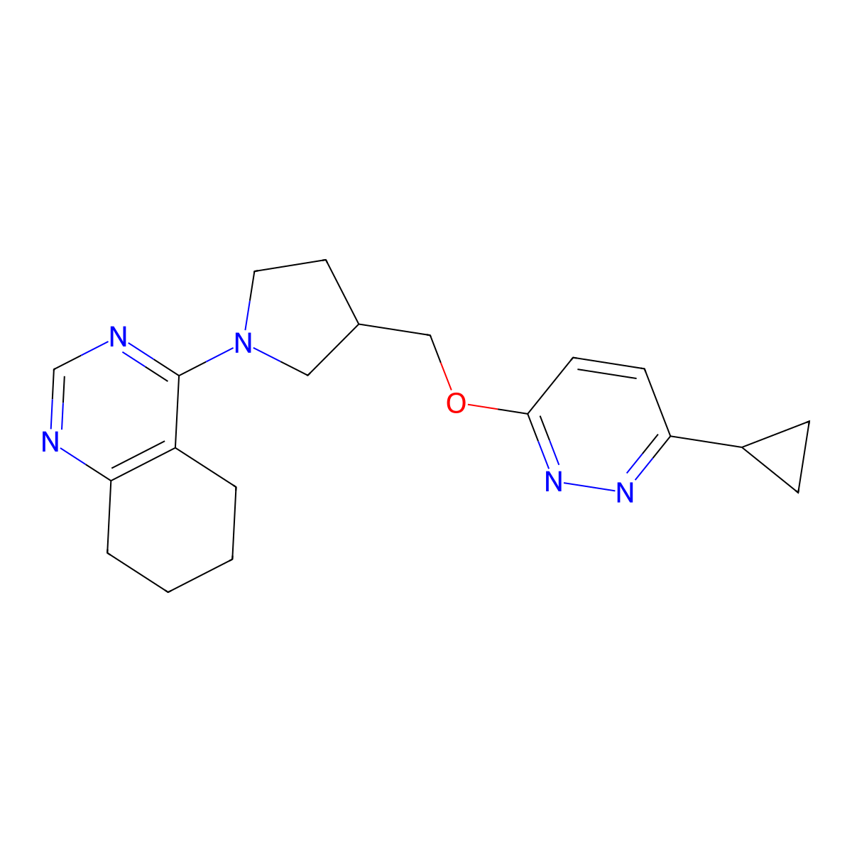 4-(3-{[(6-Cyclopropylpyridazin-3-yl)oxy]methyl}pyrrolidin-1-yl)-5,6,7,8-tetrahydroquinazoline molecular structure, CAS 2549029-42-5