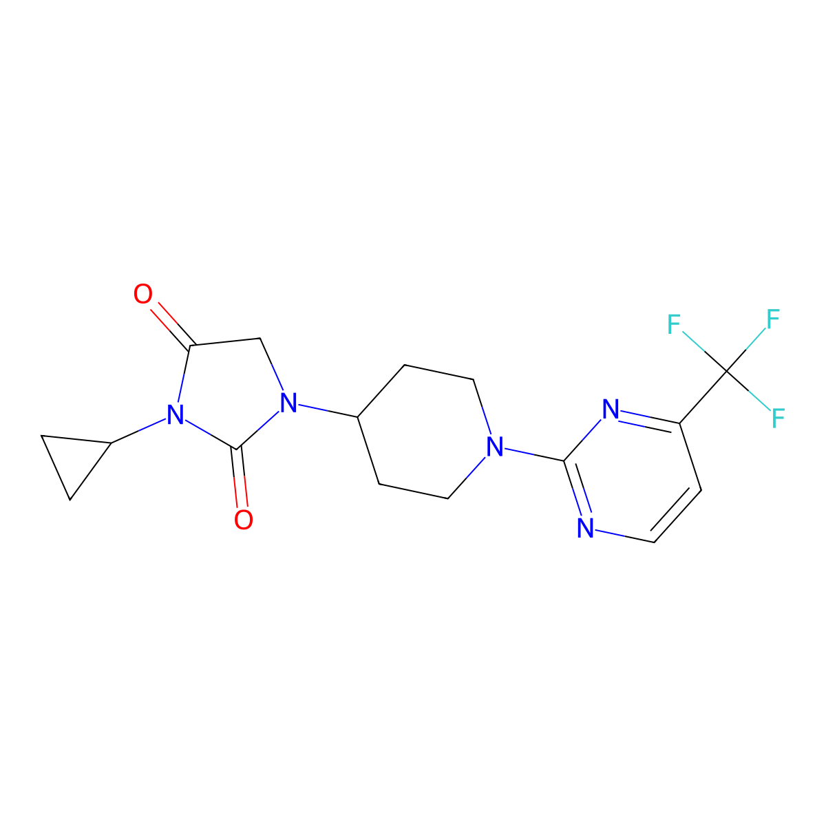 3-Cyclopropyl-1-{1-[4-(trifluoromethyl)pyrimidin-2-yl]piperidin-4-yl}imidazolidine-2,4-dione molecular structure, CAS 2549029-46-9