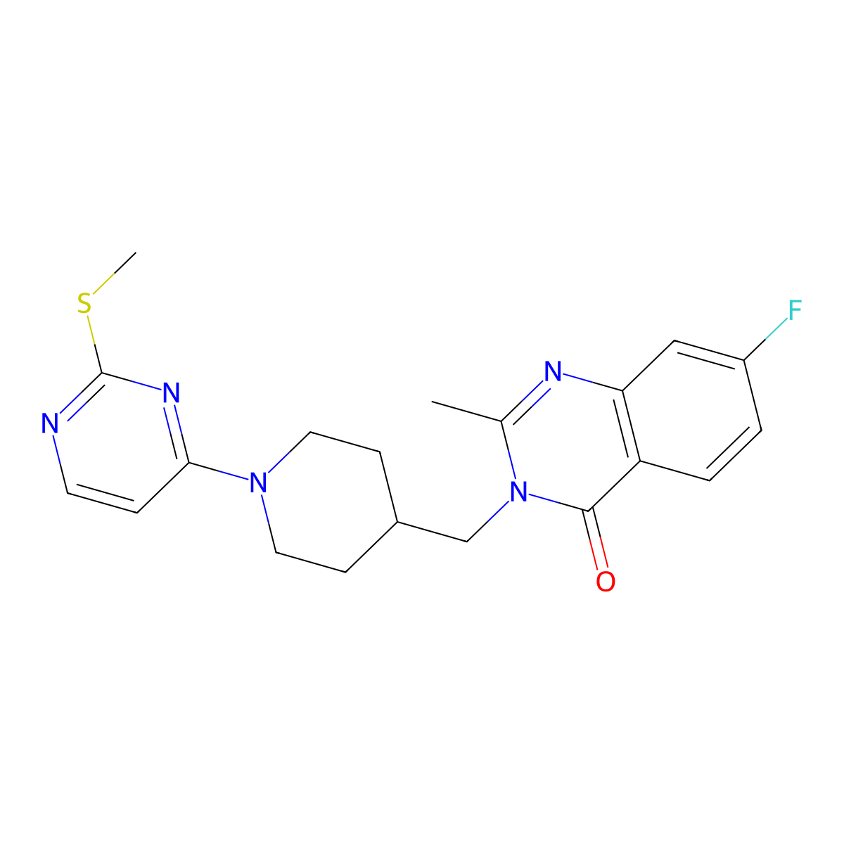7-Fluoro-2-methyl-3-({1-[2-(methylsulfanyl)pyrimidin-4-yl]piperidin-4-yl}methyl)-3,4-dihydroquinazolin-4-one molecular structure, CAS 2549029-54-9