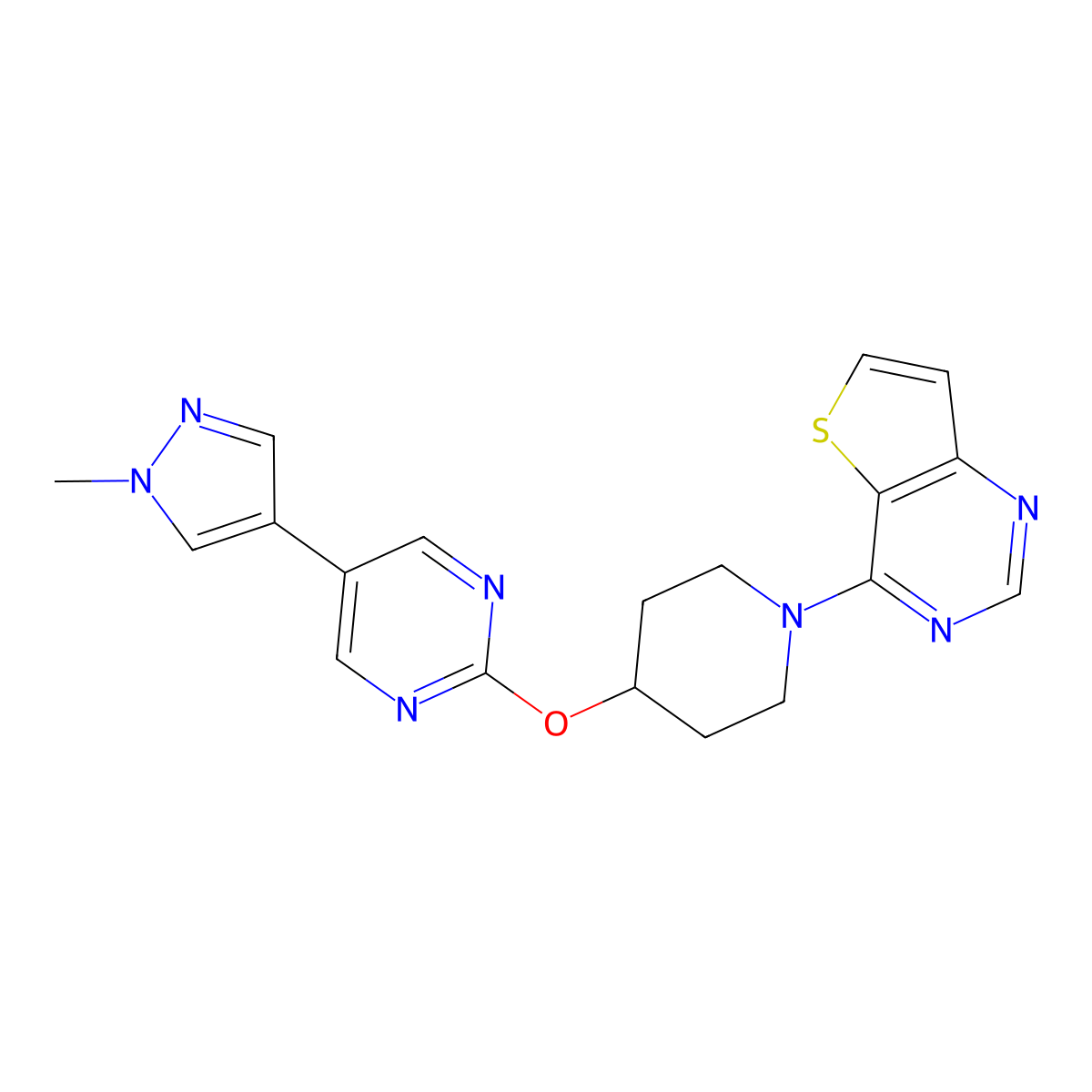 5-(1-methyl-1H-pyrazol-4-yl)-2-[(1-{thieno[3,2-d]pyrimidin-4-yl}piperidin-4-yl)oxy]pyrimidine molecular structure, CAS 2549029-58-3
