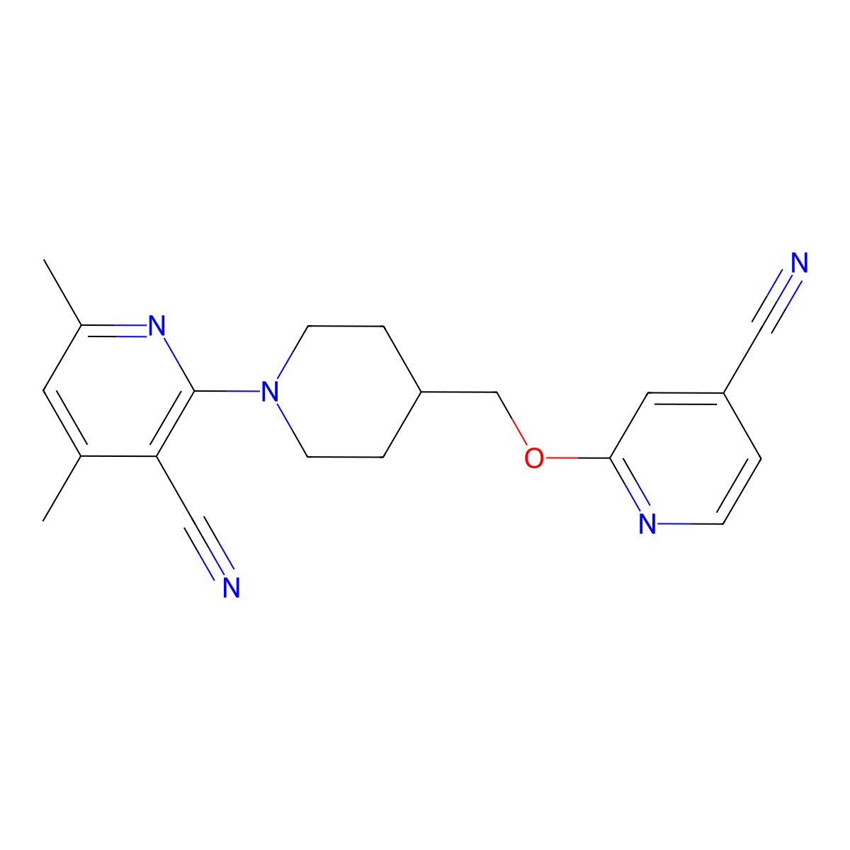 2-(4-{[(4-Cyanopyridin-2-yl)oxy]methyl}piperidin-1-yl)-4,6-dimethylpyridine-3-carbonitrile molecular structure, CAS 2549029-62-9