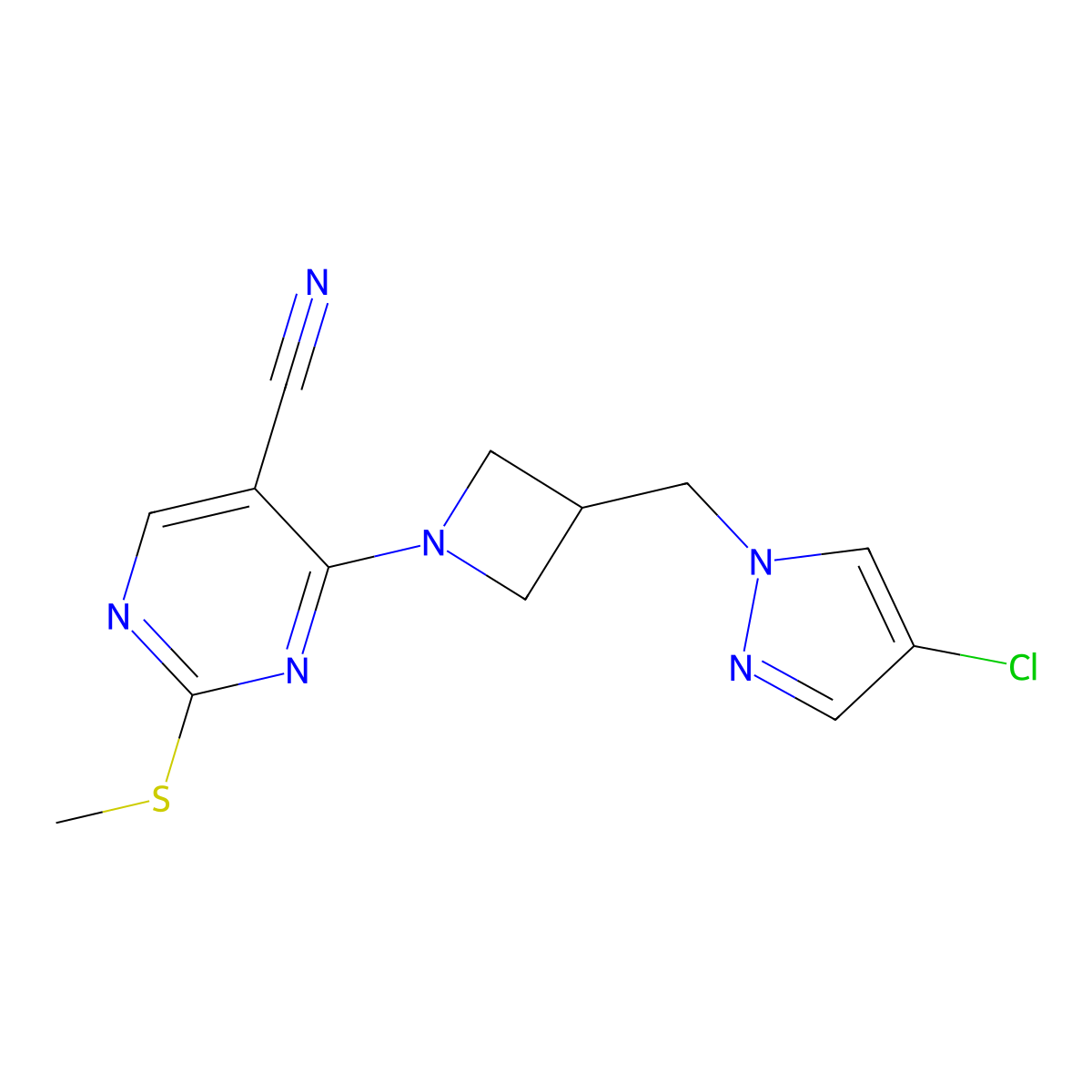 4-{3-[(4-chloro-1H-pyrazol-1-yl)methyl]azetidin-1-yl}-2-(methylsulfanyl)pyrimidine-5-carbonitrile molecular structure, CAS 2549029-76-5