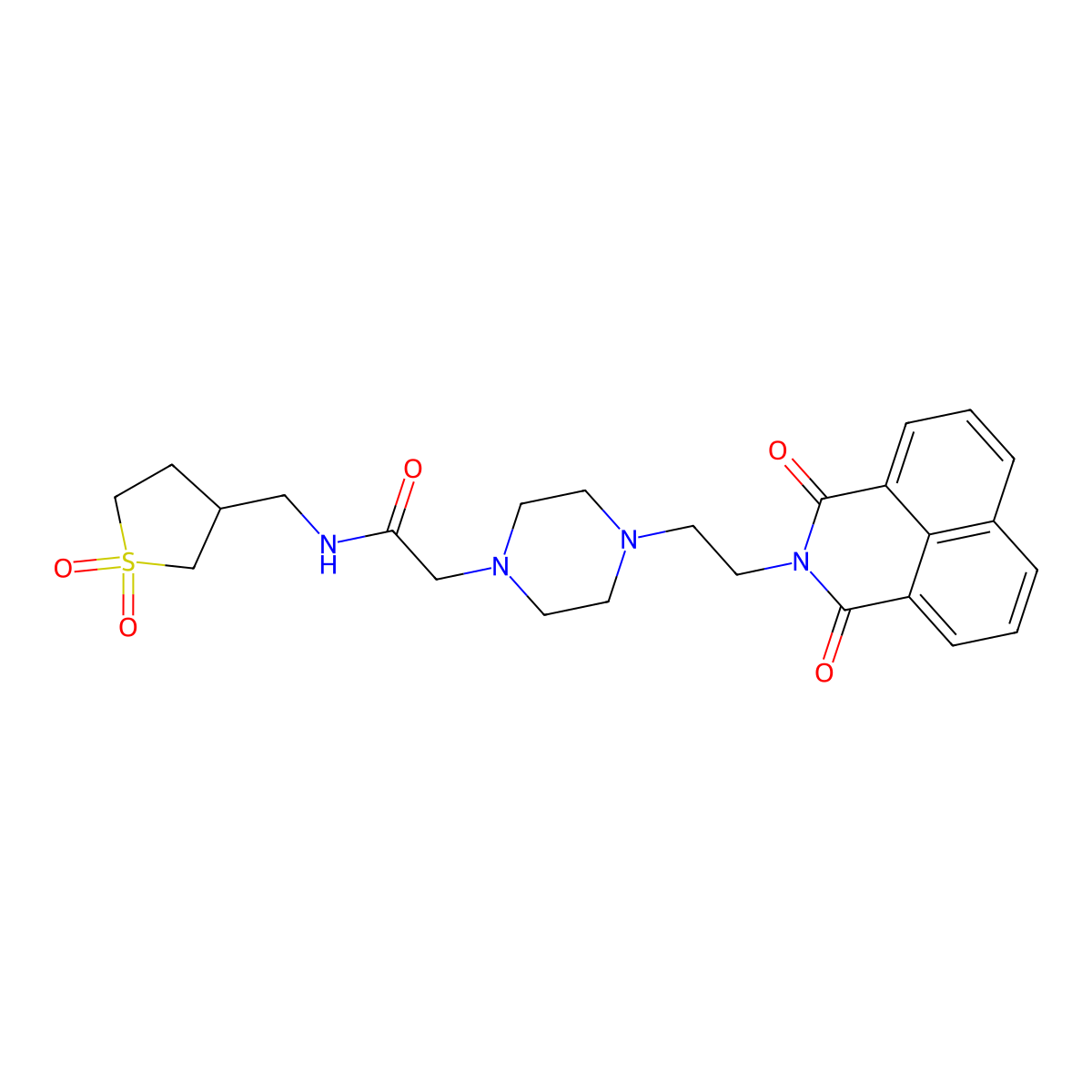 N-[(1,1-dioxo-1lambda6-thiolan-3-yl)methyl]-2-[4-(2-{2,4-dioxo-3-azatricyclo[7.3.1.0^{5,13}]trideca-1(13),5,7,9,11-pentaen-3-yl}ethyl)piperazin-1-yl]acetamide molecular structure, CAS 2549029-78-7