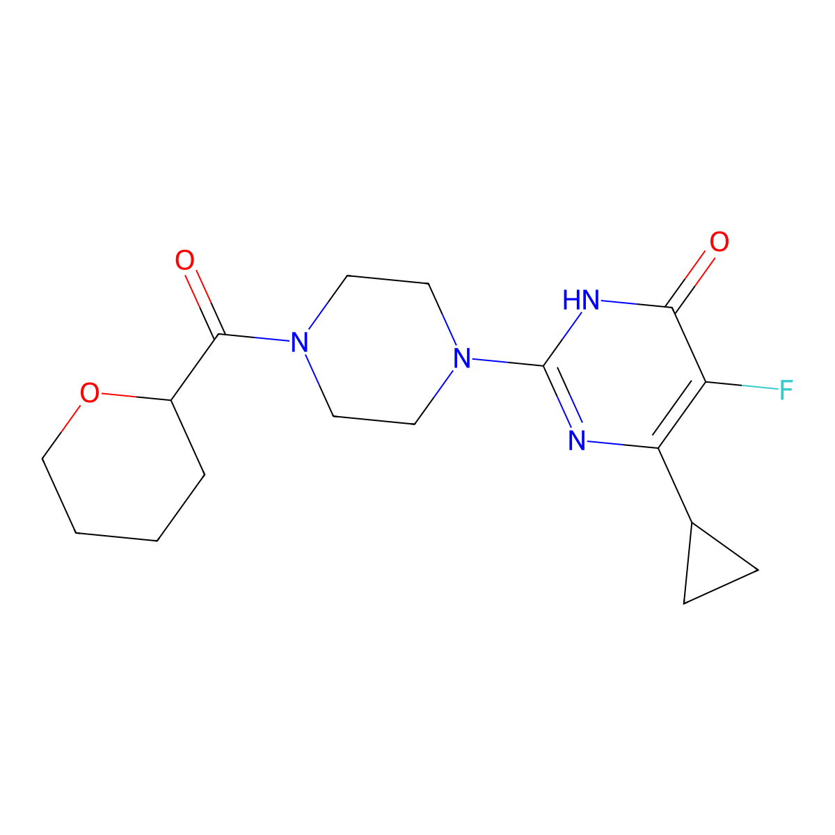 6-Cyclopropyl-5-fluoro-2-[4-(oxane-2-carbonyl)piperazin-1-yl]-3,4-dihydropyrimidin-4-one molecular structure, CAS 2549029-80-1