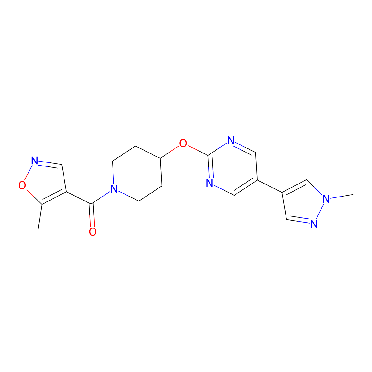 2-{[1-(5-methyl-1,2-oxazole-4-carbonyl)piperidin-4-yl]oxy}-5-(1-methyl-1H-pyrazol-4-yl)pyrimidine molecular structure, CAS 2549029-83-4