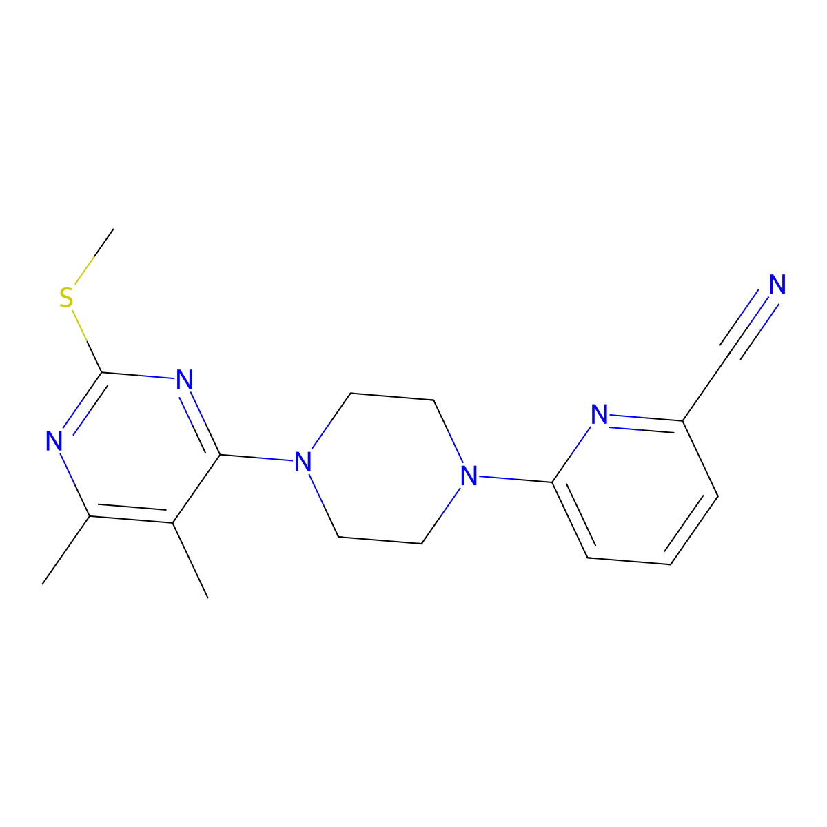 6-{4-[5,6-Dimethyl-2-(methylsulfanyl)pyrimidin-4-yl]piperazin-1-yl}pyridine-2-carbonitrile molecular structure, CAS 2549029-93-6