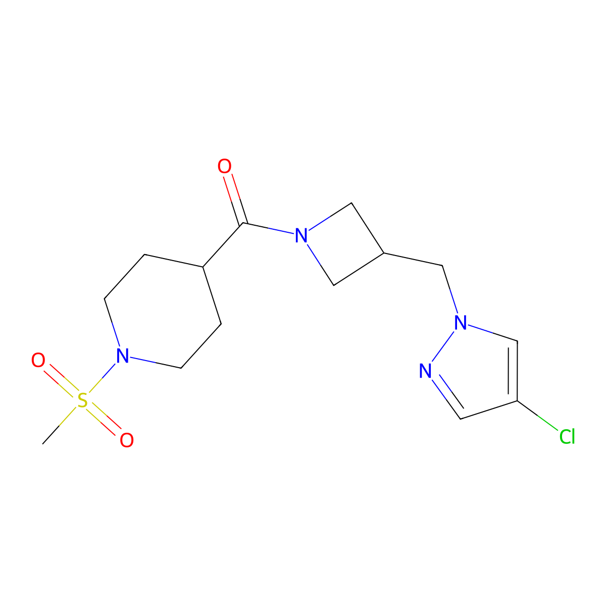 4-{3-[(4-chloro-1H-pyrazol-1-yl)methyl]azetidine-1-carbonyl}-1-methanesulfonylpiperidine molecular structure, CAS 2549029-96-9