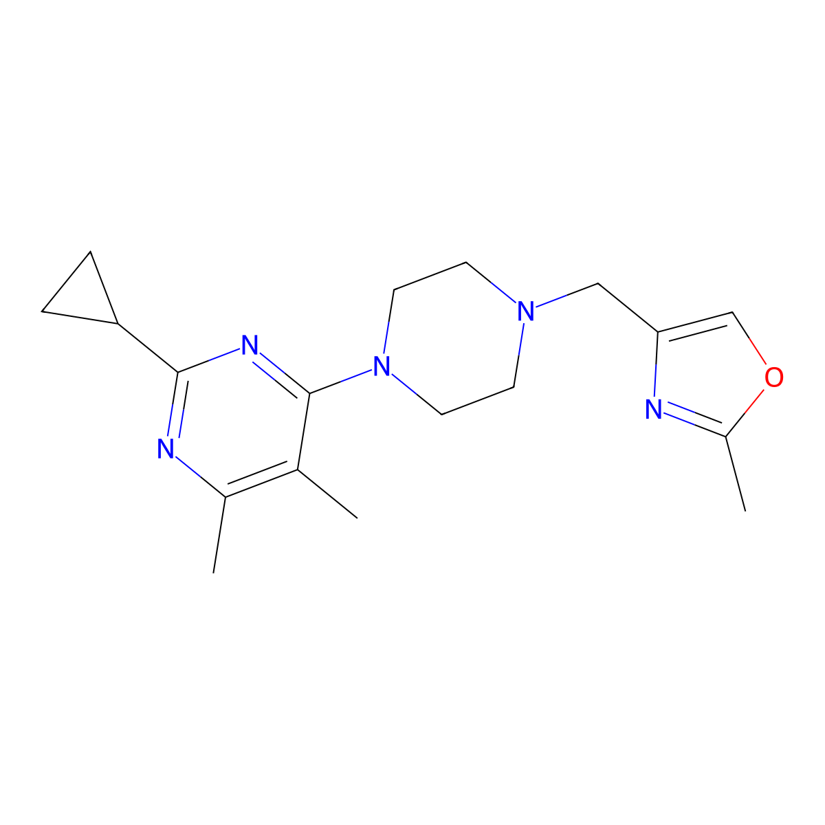 2-Cyclopropyl-4,5-dimethyl-6-{4-[(2-methyl-1,3-oxazol-4-yl)methyl]piperazin-1-yl}pyrimidine molecular structure, CAS 2549030-06-8