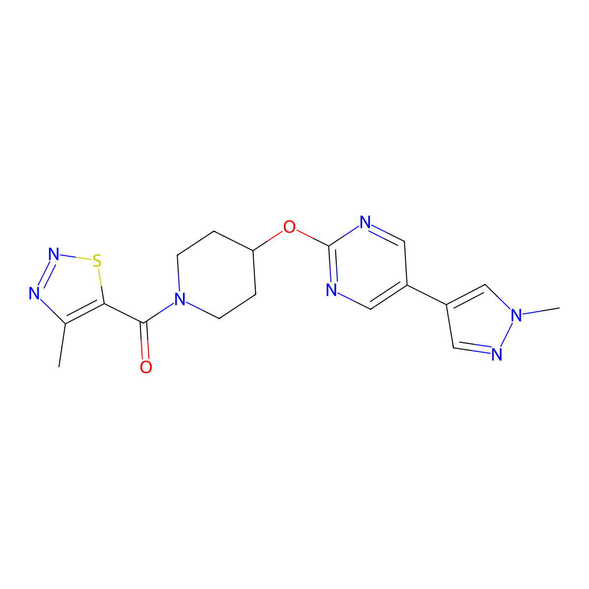 2-{[1-(4-methyl-1,2,3-thiadiazole-5-carbonyl)piperidin-4-yl]oxy}-5-(1-methyl-1H-pyrazol-4-yl)pyrimidine molecular structure, CAS 2549030-08-0