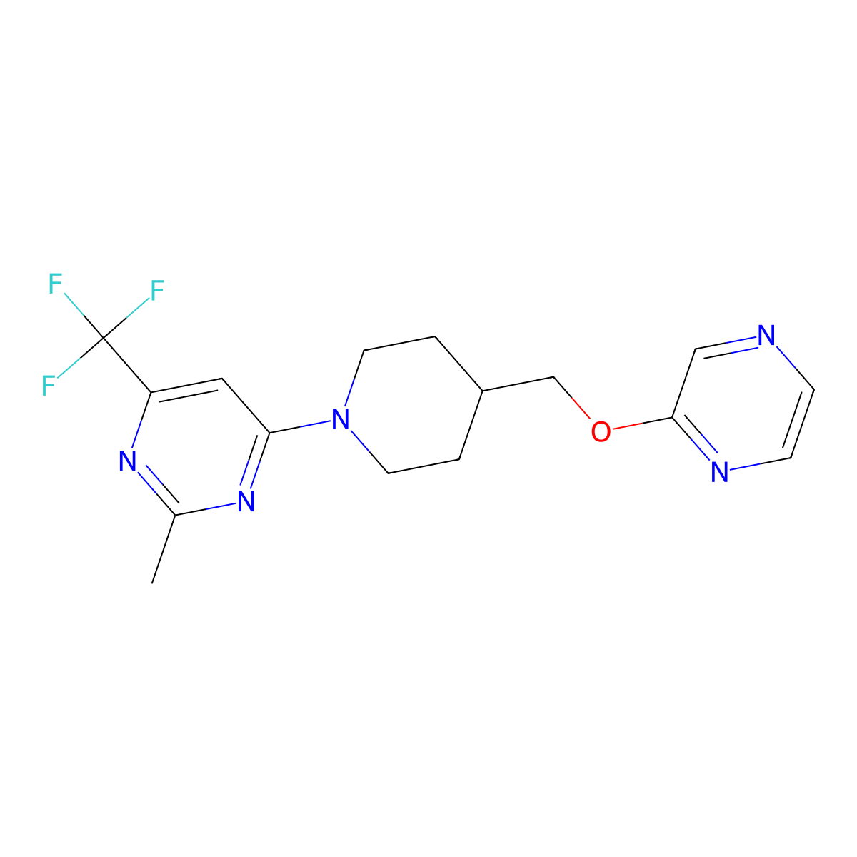 2-Methyl-4-{4-[(pyrazin-2-yloxy)methyl]piperidin-1-yl}-6-(trifluoromethyl)pyrimidine molecular structure, CAS 2549030-18-2