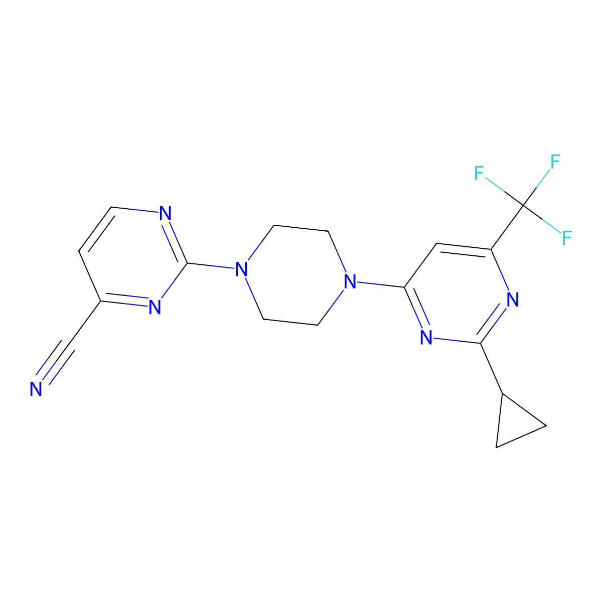 2-{4-[2-Cyclopropyl-6-(trifluoromethyl)pyrimidin-4-yl]piperazin-1-yl}pyrimidine-4-carbonitrile molecular structure, CAS 2549030-20-6