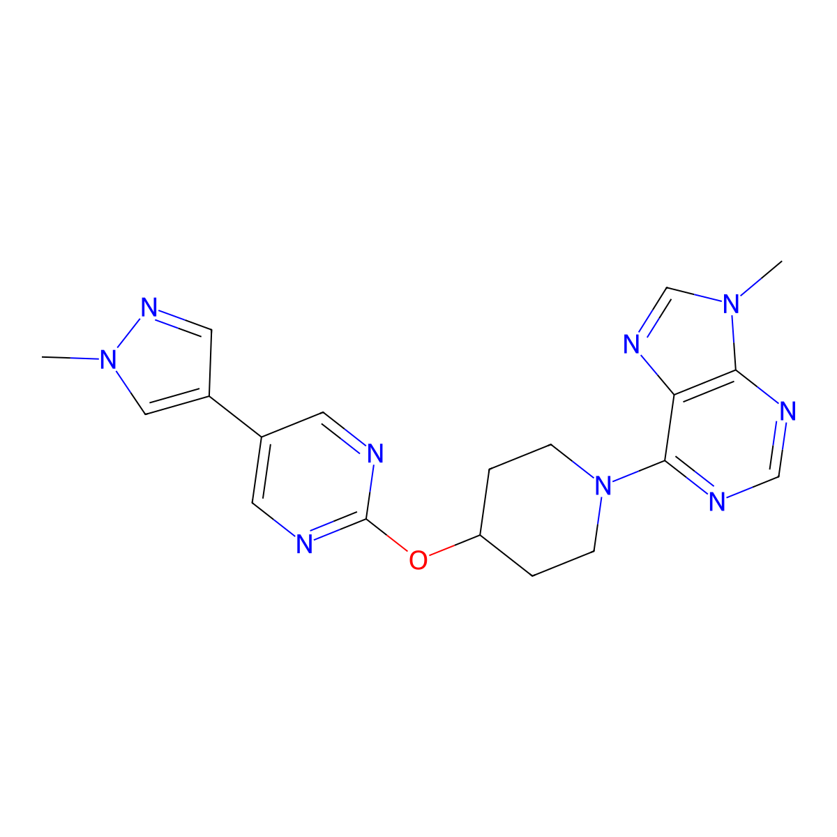 9-methyl-6-(4-{[5-(1-methyl-1H-pyrazol-4-yl)pyrimidin-2-yl]oxy}piperidin-1-yl)-9H-purine molecular structure, CAS 2549030-22-8