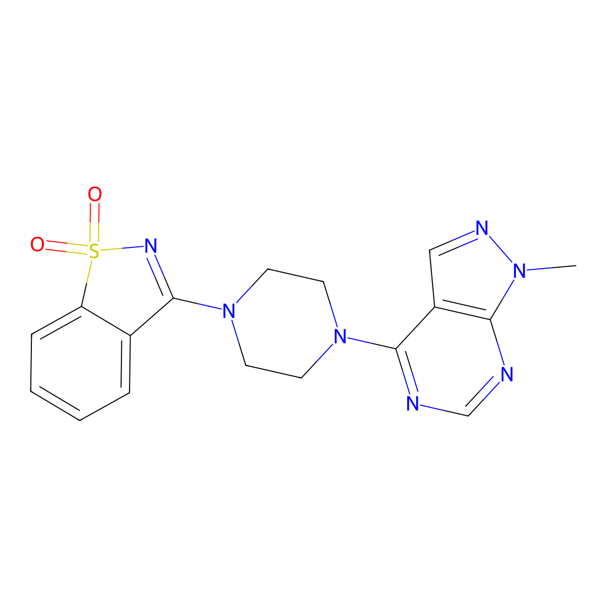 3-(4-{1-methyl-1H-pyrazolo[3,4-d]pyrimidin-4-yl}piperazin-1-yl)-1lambda6,2-benzothiazole-1,1-dione molecular structure, CAS 2549030-45-5