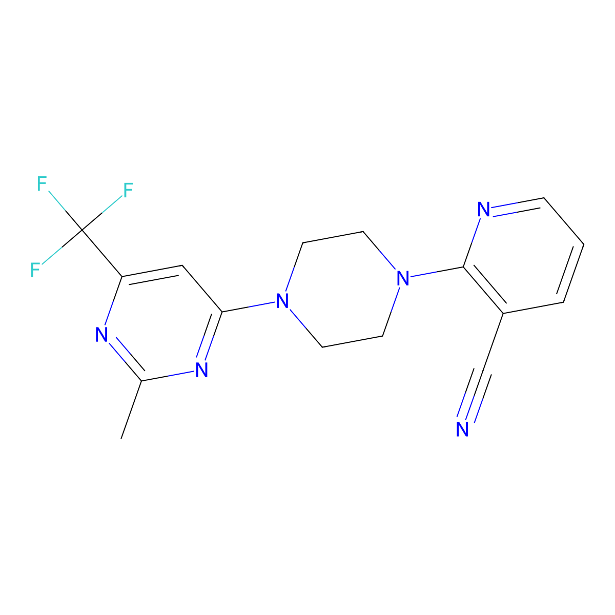 2-{4-[2-Methyl-6-(trifluoromethyl)pyrimidin-4-yl]piperazin-1-yl}pyridine-3-carbonitrile molecular structure, CAS 2549030-46-6
