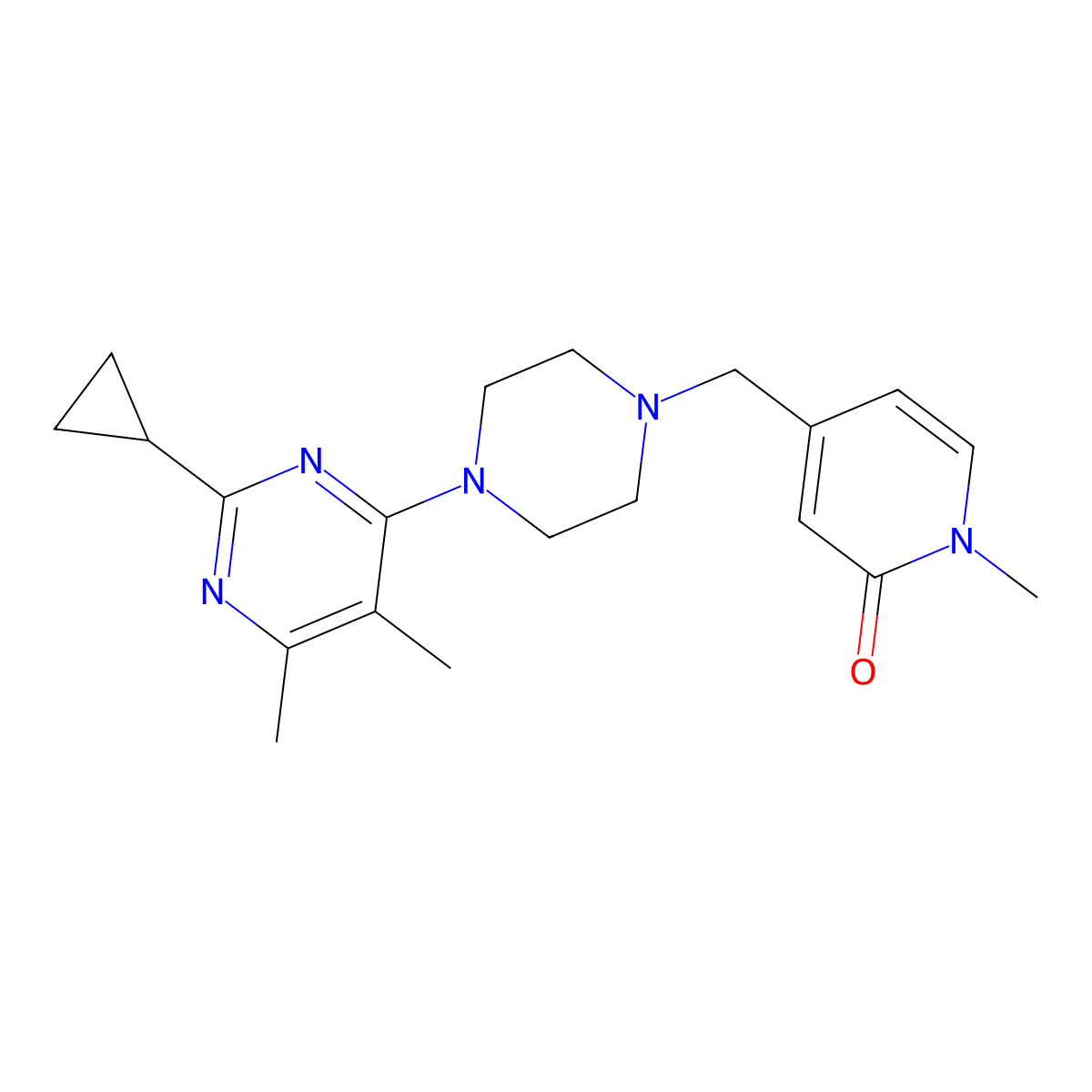 4-{[4-(2-Cyclopropyl-5,6-dimethylpyrimidin-4-yl)piperazin-1-yl]methyl}-1-methyl-1,2-dihydropyridin-2-one molecular structure, CAS 2549030-52-4