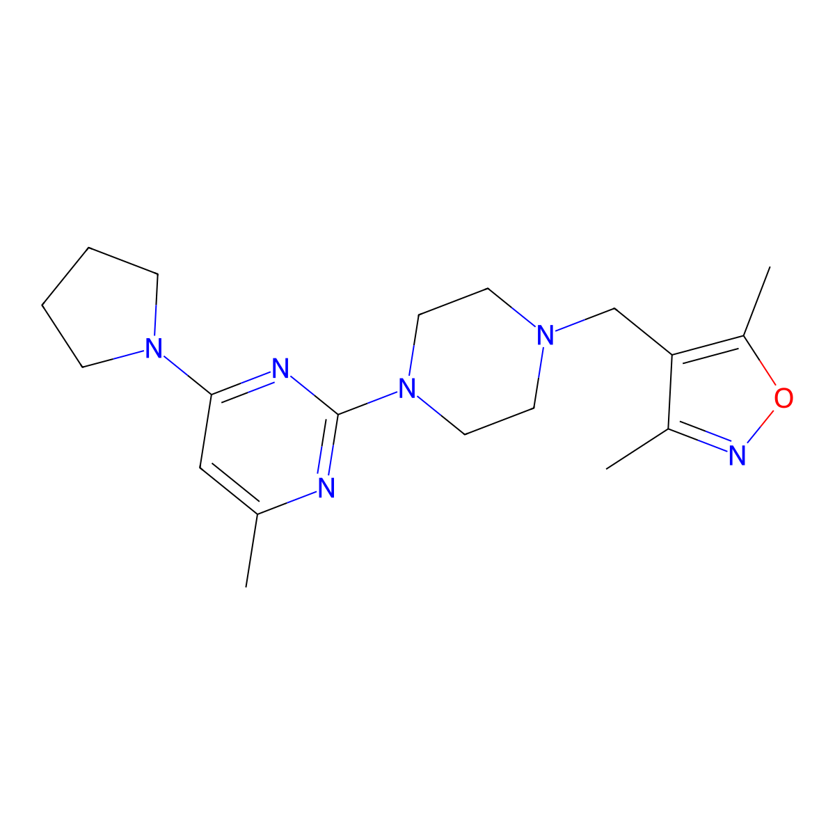 2-{4-[(3,5-Dimethyl-1,2-oxazol-4-yl)methyl]piperazin-1-yl}-4-methyl-6-(pyrrolidin-1-yl)pyrimidine molecular structure, CAS 2549030-55-7