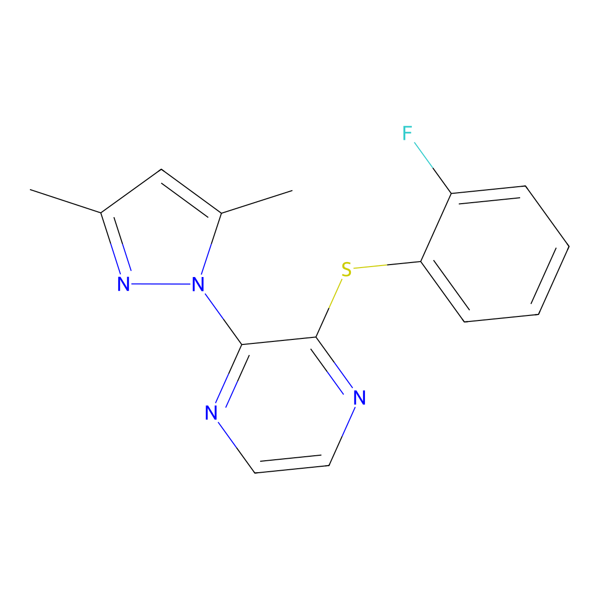 2-(3,5-dimethyl-1H-pyrazol-1-yl)-3-[(2-fluorophenyl)sulfanyl]pyrazine molecular structure, CAS 2549030-57-9