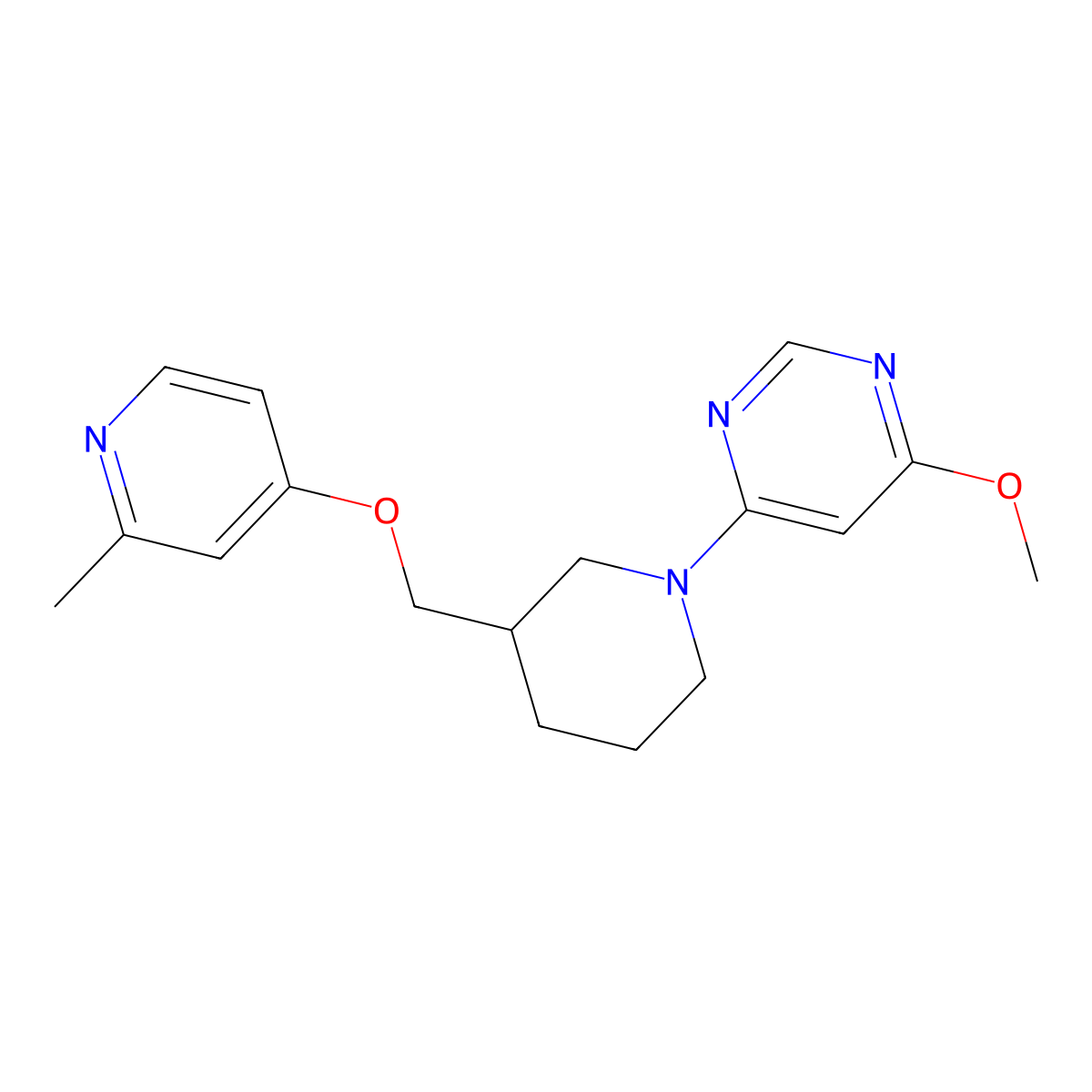 4-Methoxy-6-(3-{[(2-methylpyridin-4-yl)oxy]methyl}piperidin-1-yl)pyrimidine molecular structure, CAS 2549030-60-4