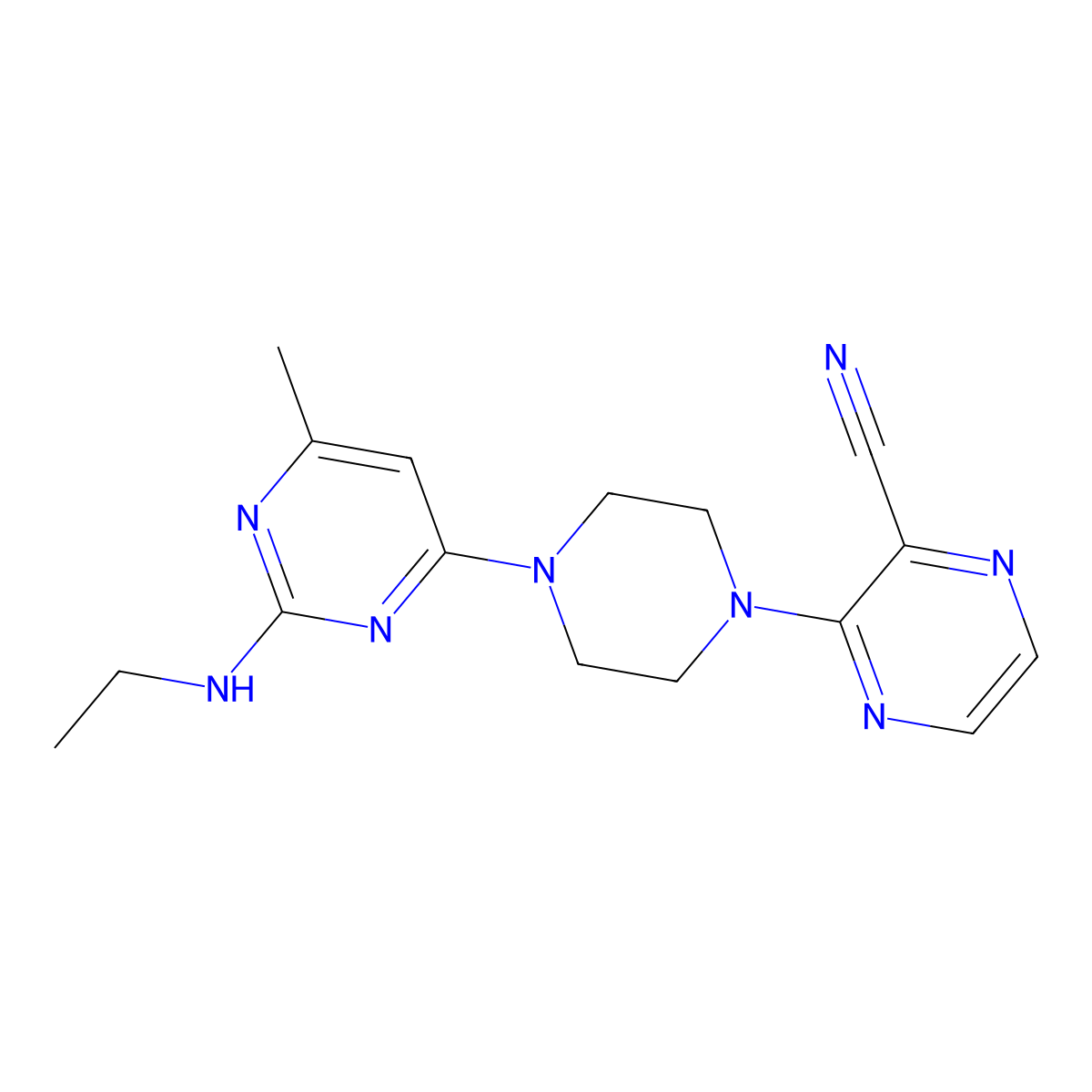3-{4-[2-(Ethylamino)-6-methylpyrimidin-4-yl]piperazin-1-yl}pyrazine-2-carbonitrile molecular structure, CAS 2549030-64-8