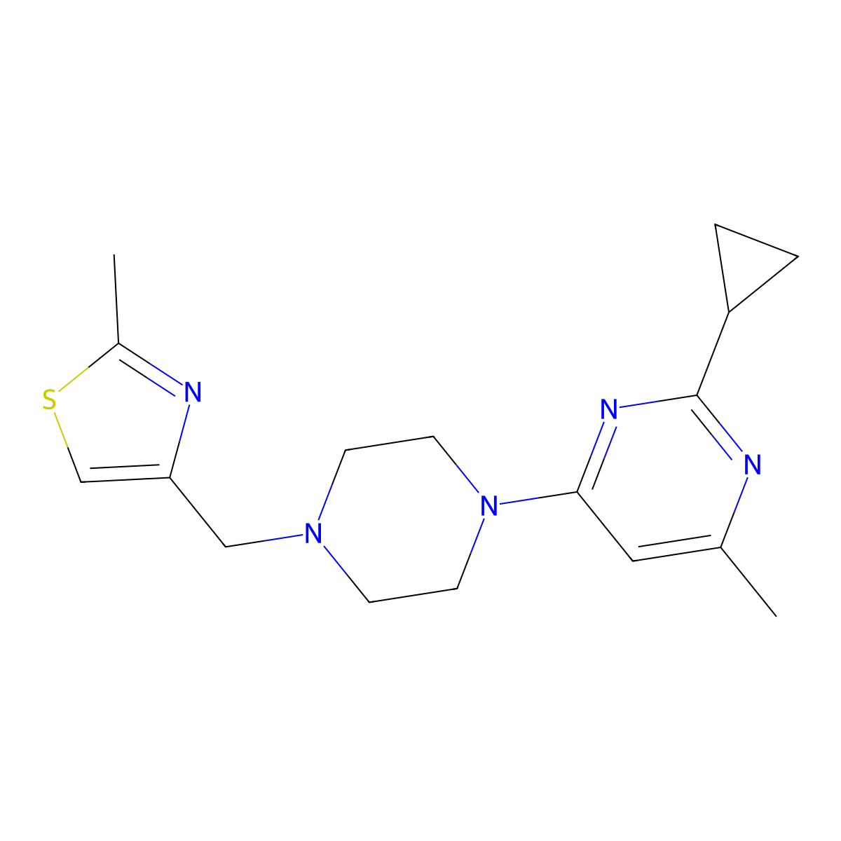 2-Cyclopropyl-4-methyl-6-{4-[(2-methyl-1,3-thiazol-4-yl)methyl]piperazin-1-yl}pyrimidine molecular structure, CAS 2549030-65-9