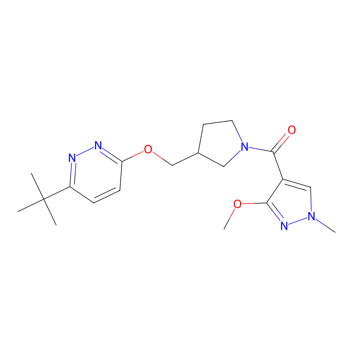 3-tert-butyl-6-{[1-(3-methoxy-1-methyl-1H-pyrazole-4-carbonyl)pyrrolidin-3-yl]methoxy}pyridazine molecular structure, CAS 2549030-71-7