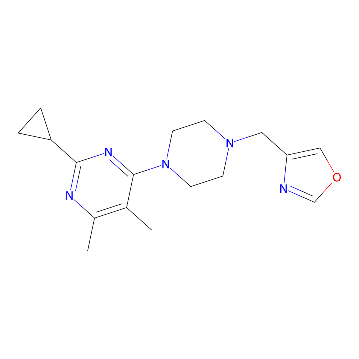 2-Cyclopropyl-4,5-dimethyl-6-{4-[(1,3-oxazol-4-yl)methyl]piperazin-1-yl}pyrimidine molecular structure, CAS 2549030-73-9