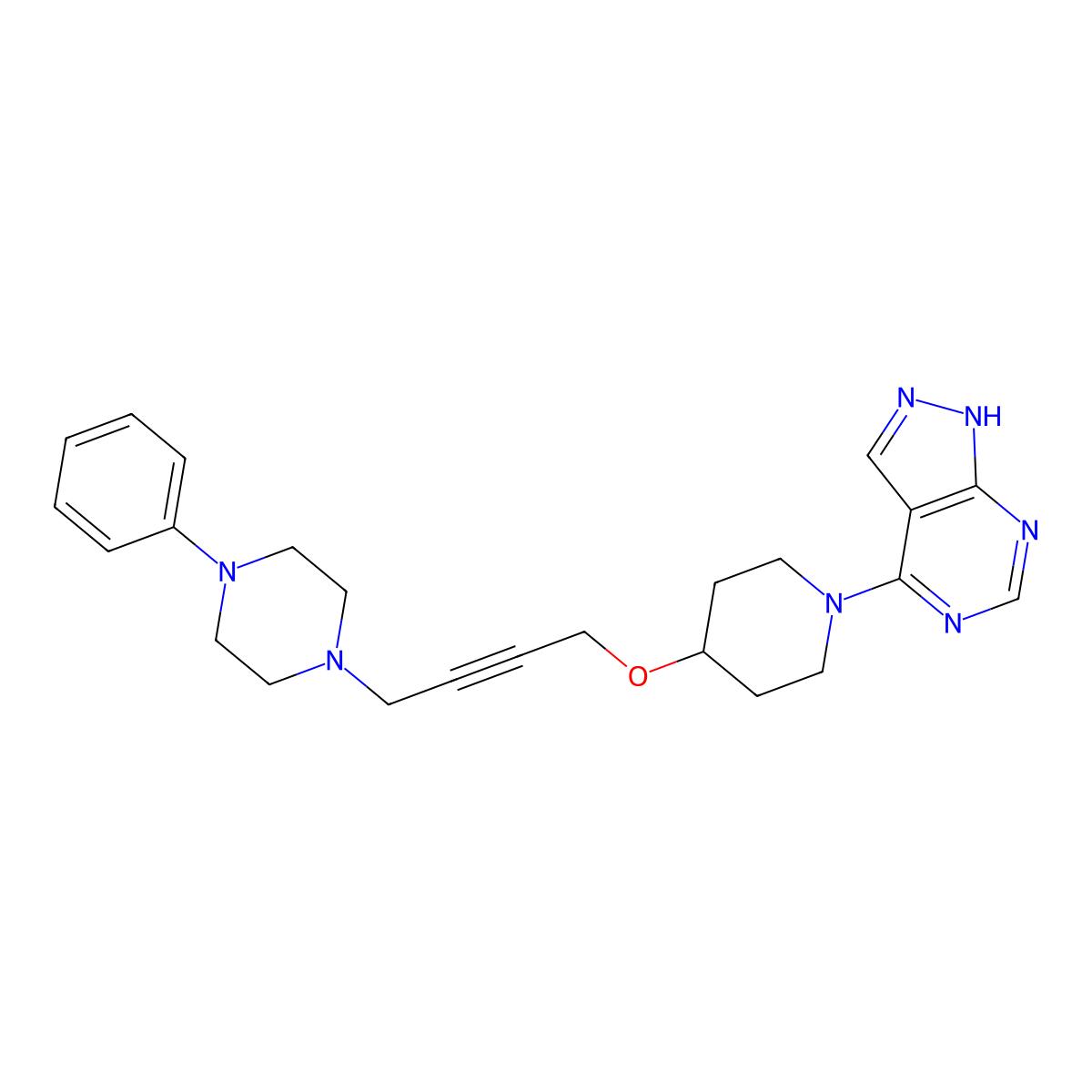 1-phenyl-4-{4-[(1-{1H-pyrazolo[3,4-d]pyrimidin-4-yl}piperidin-4-yl)oxy]but-2-yn-1-yl}piperazine molecular structure, CAS 2549030-75-1