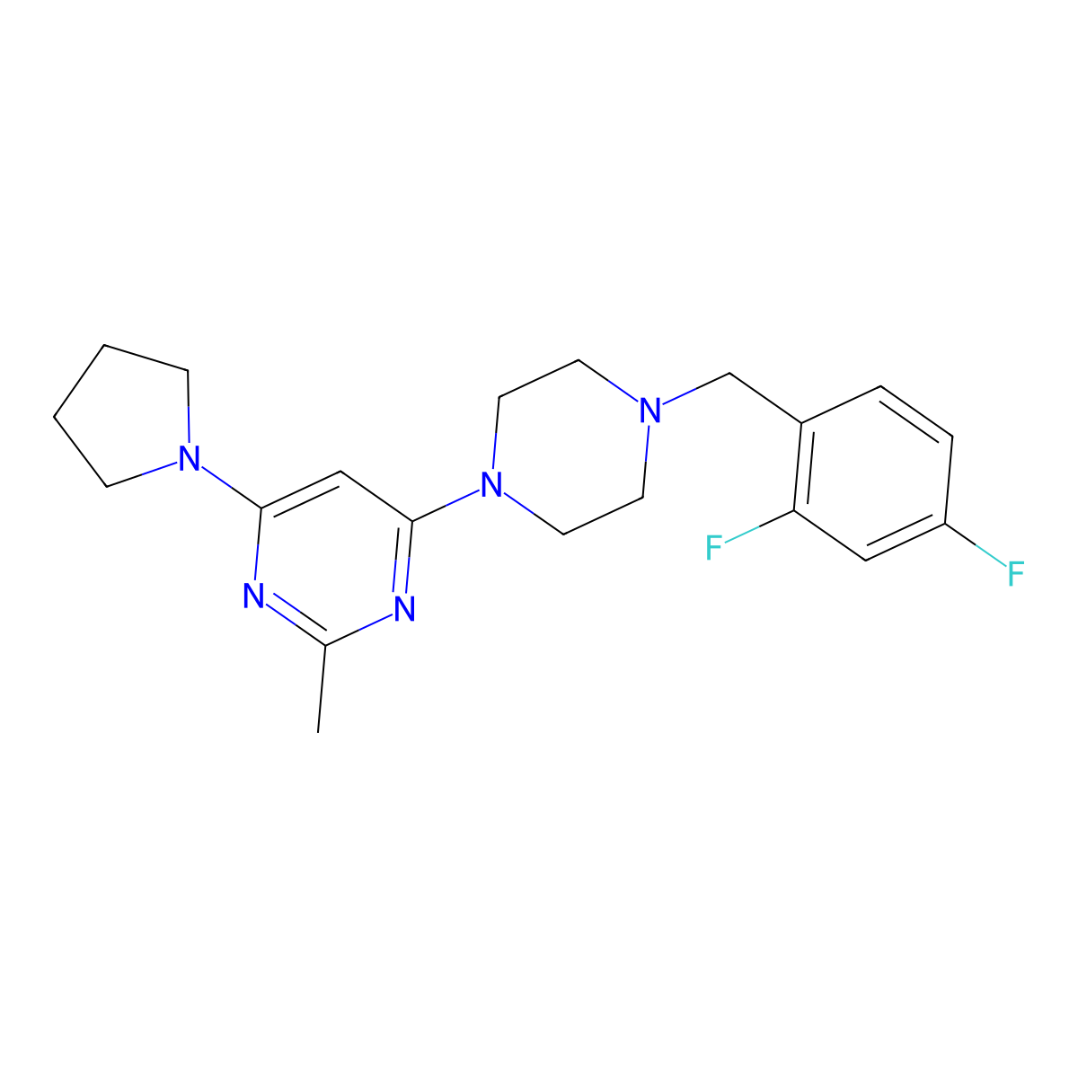 4-{4-[(2,4-Difluorophenyl)methyl]piperazin-1-yl}-2-methyl-6-(pyrrolidin-1-yl)pyrimidine molecular structure, CAS 2549030-81-9