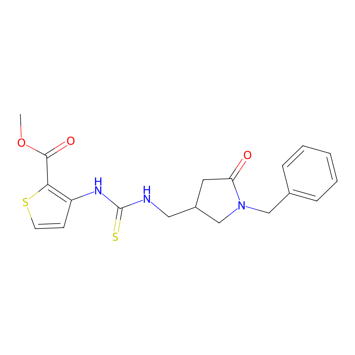 Methyl 3-({[(1-benzyl-5-oxopyrrolidin-3-yl)methyl]carbamothioyl}amino)thiophene-2-carboxylate molecular structure, CAS 2549030-88-6
