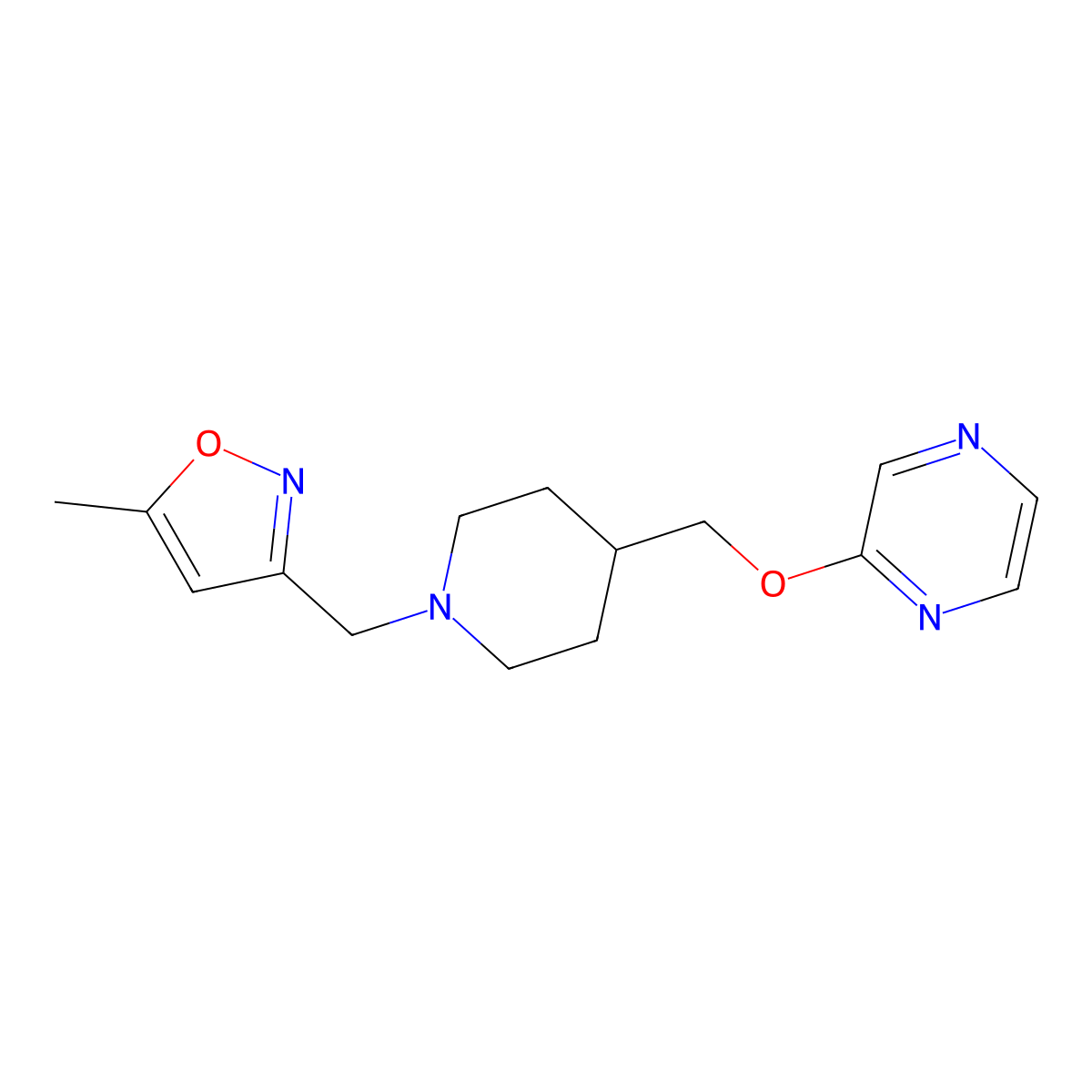2-({1-[(5-Methyl-1,2-oxazol-3-yl)methyl]piperidin-4-yl}methoxy)pyrazine molecular structure, CAS 2549030-95-5