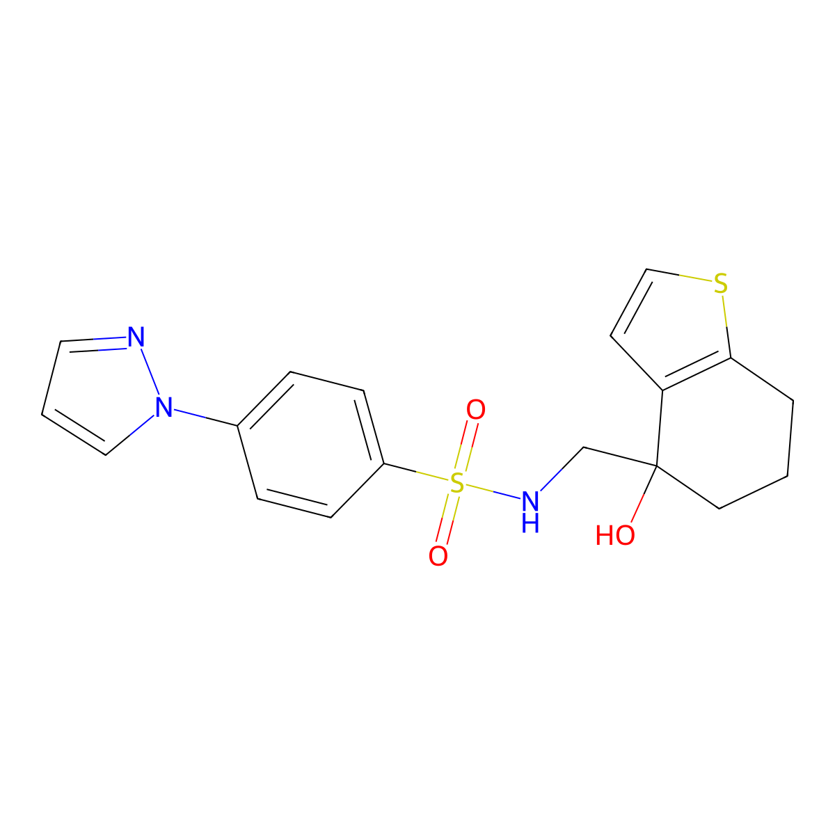 N-[(4-hydroxy-4,5,6,7-tetrahydro-1-benzothiophen-4-yl)methyl]-4-(1H-pyrazol-1-yl)benzene-1-sulfonamide molecular structure, CAS 2549031-06-1