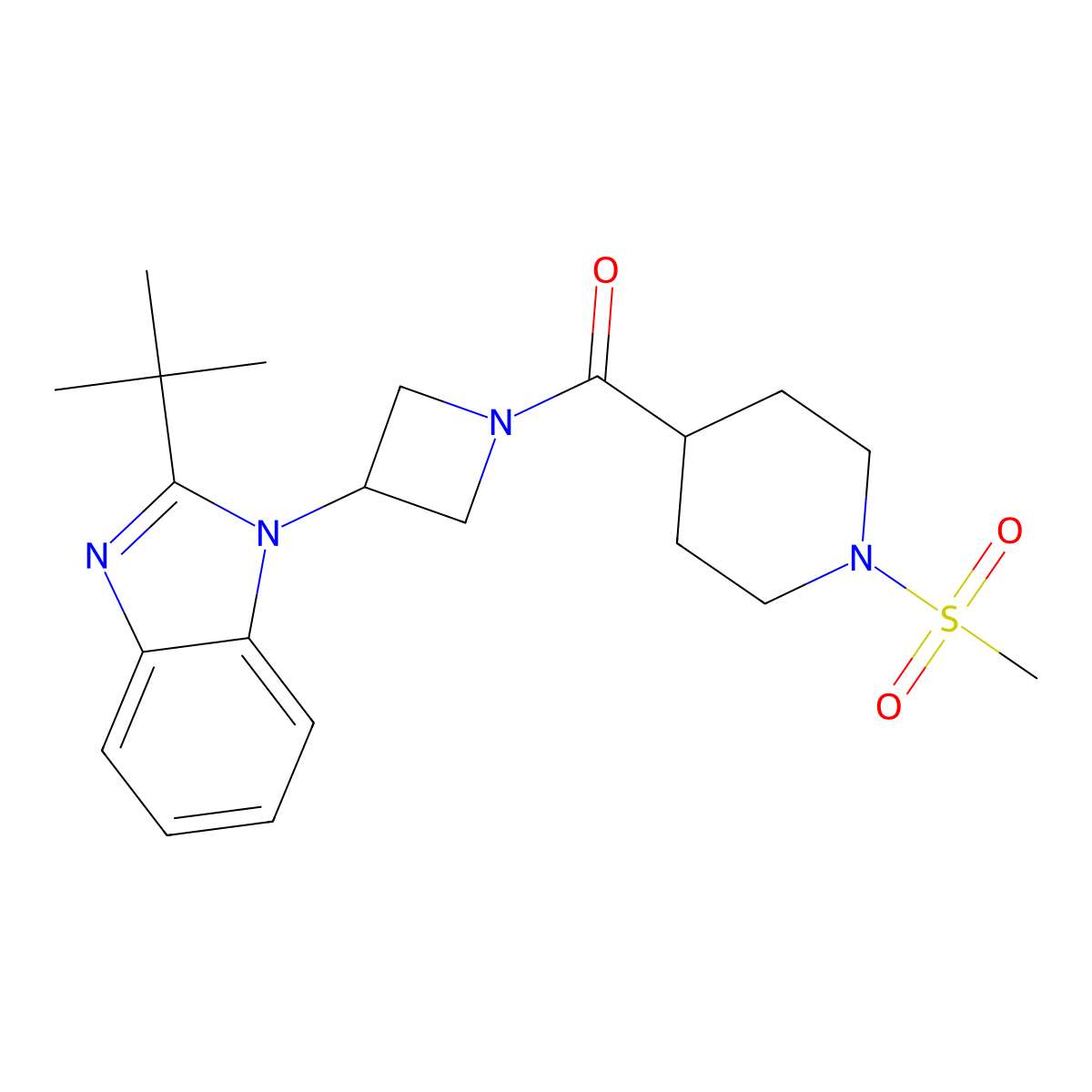 2-tert-butyl-1-[1-(1-methanesulfonylpiperidine-4-carbonyl)azetidin-3-yl]-1H-1,3-benzodiazole molecular structure, CAS 2549031-19-6